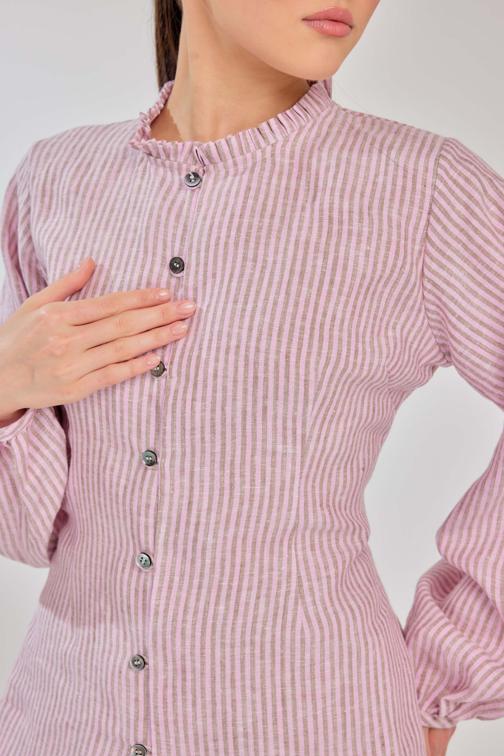 08 - Strawberry French Cruller Striped - Grand Tralala Pure Linen Shirt With Mother Of Pearl Buttons