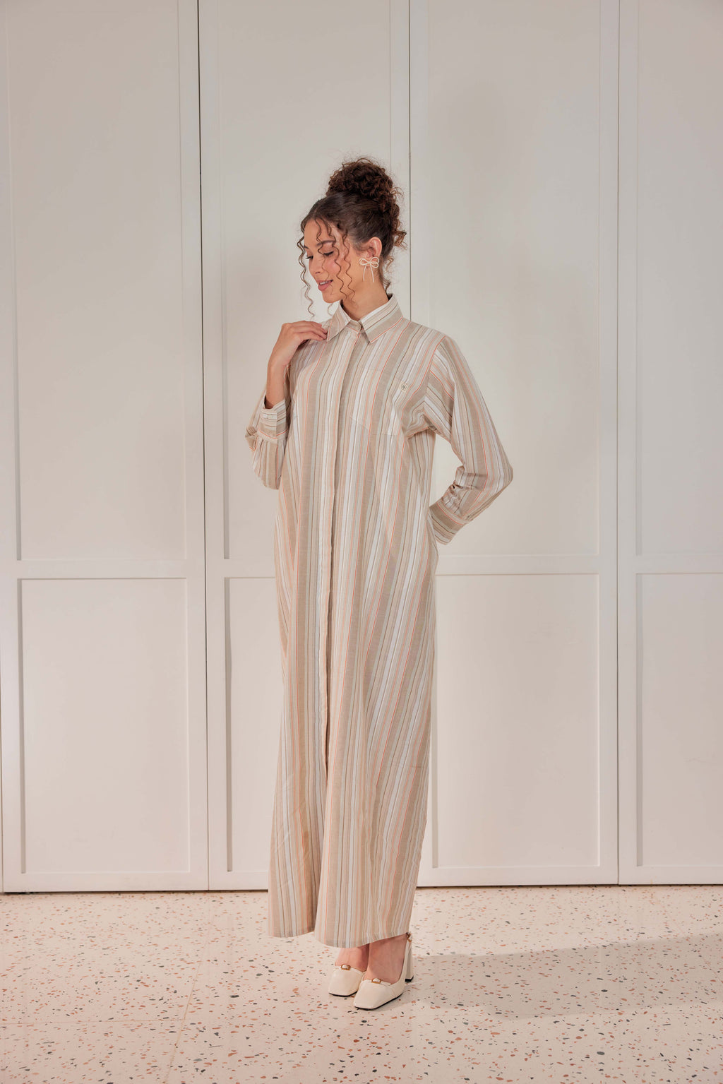 100% Cotton Striped Shirt Dress - Buttercream