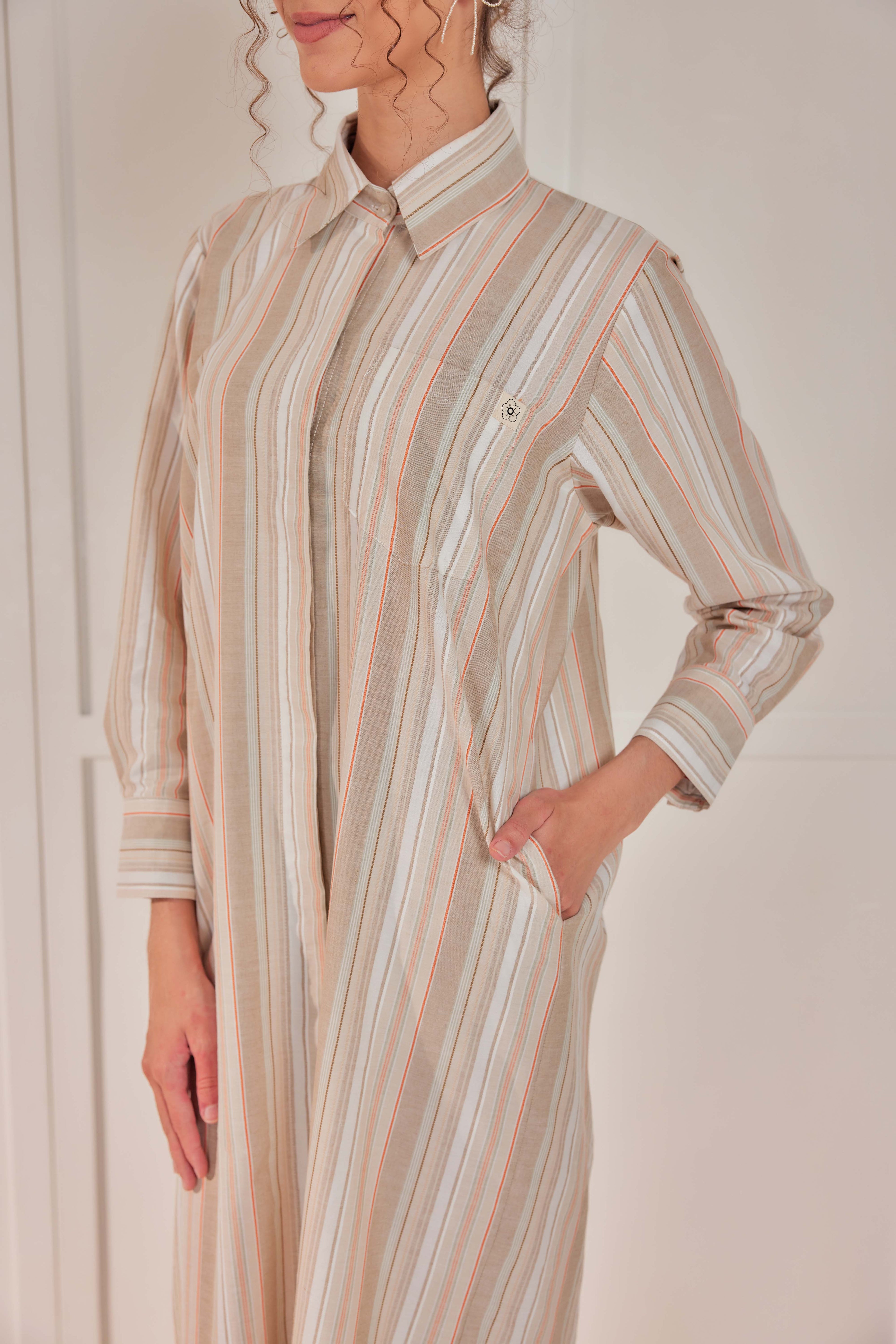 100% Cotton Striped Shirt Dress - Buttercream