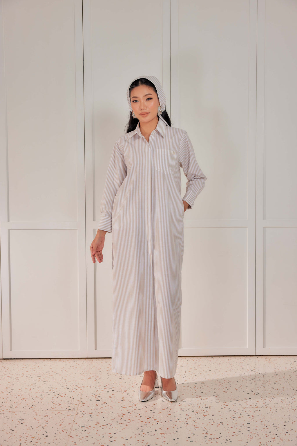100% Cotton Striped Shirt Dress (Full Lining) - Vanilla Frost