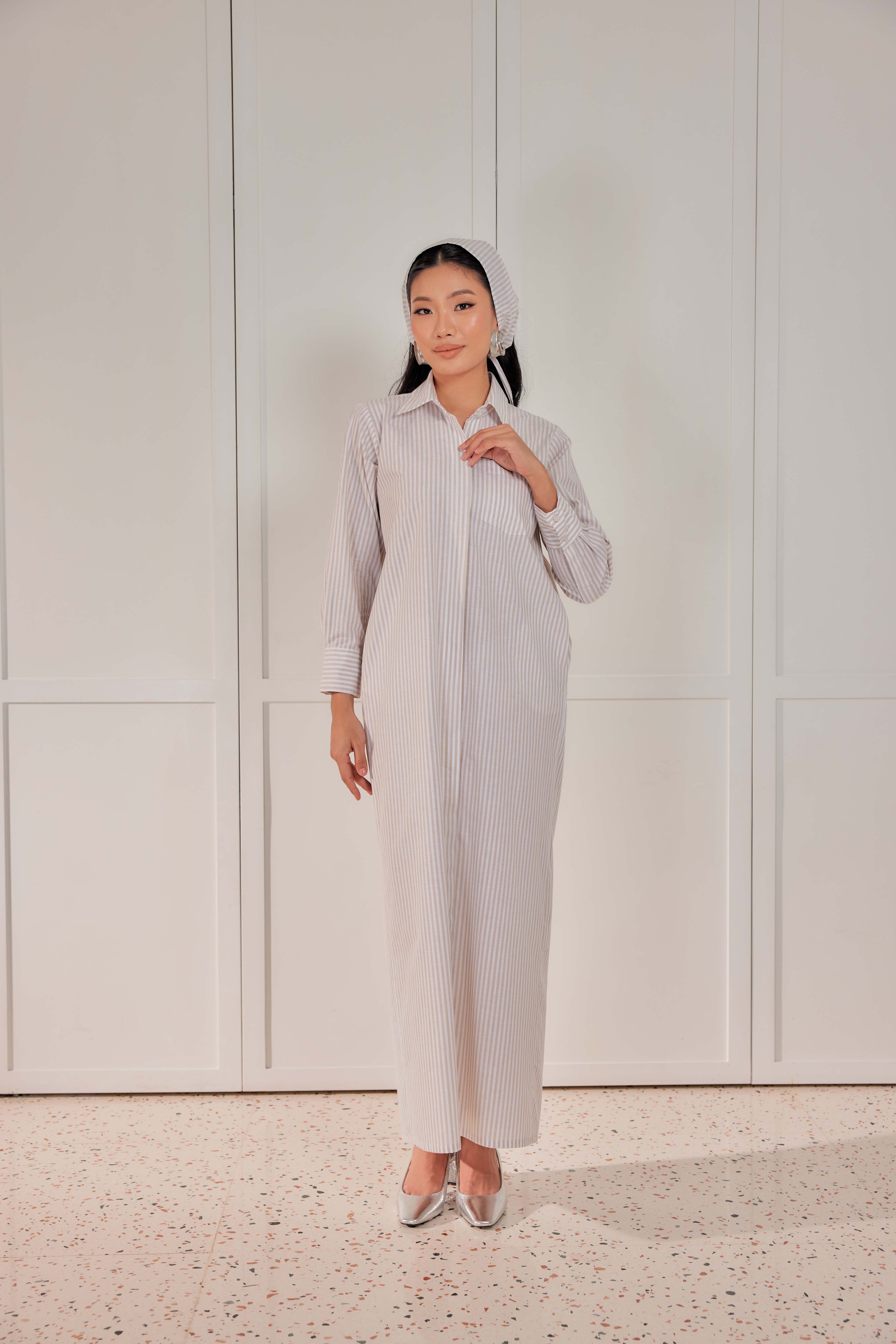 100% Cotton Striped Shirt Dress (Full Lining) - Vanilla Frost