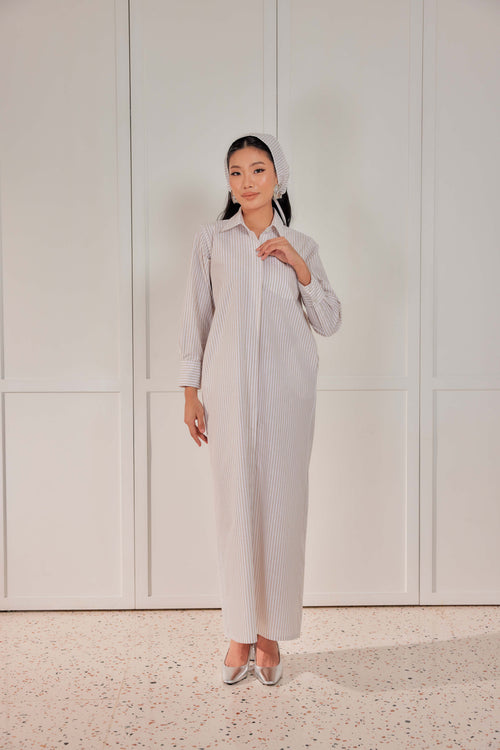 100% Cotton Striped Shirt Dress (Full Lining) - Vanilla Frost