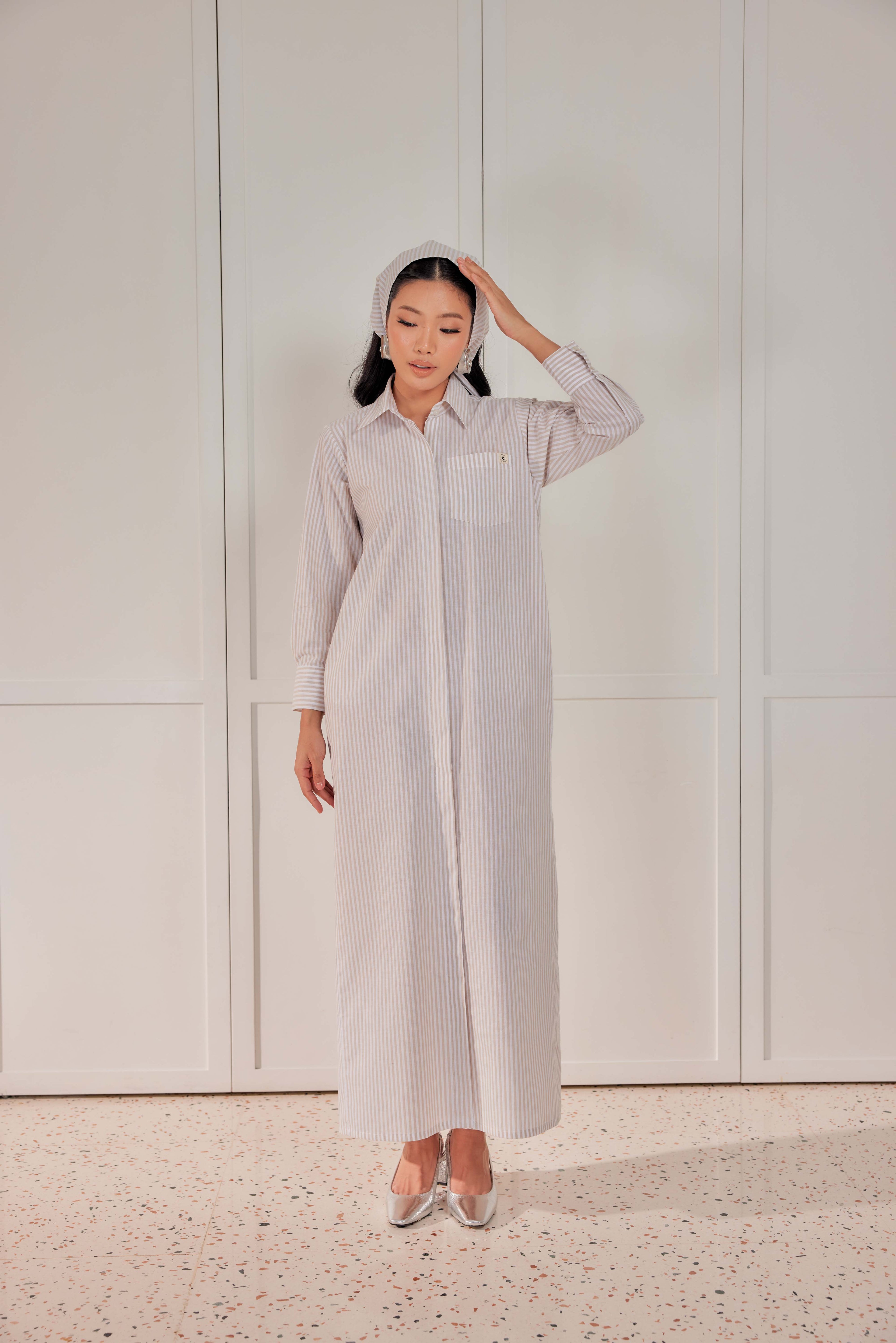 100% Cotton Striped Shirt Dress (Full Lining) - Vanilla Frost