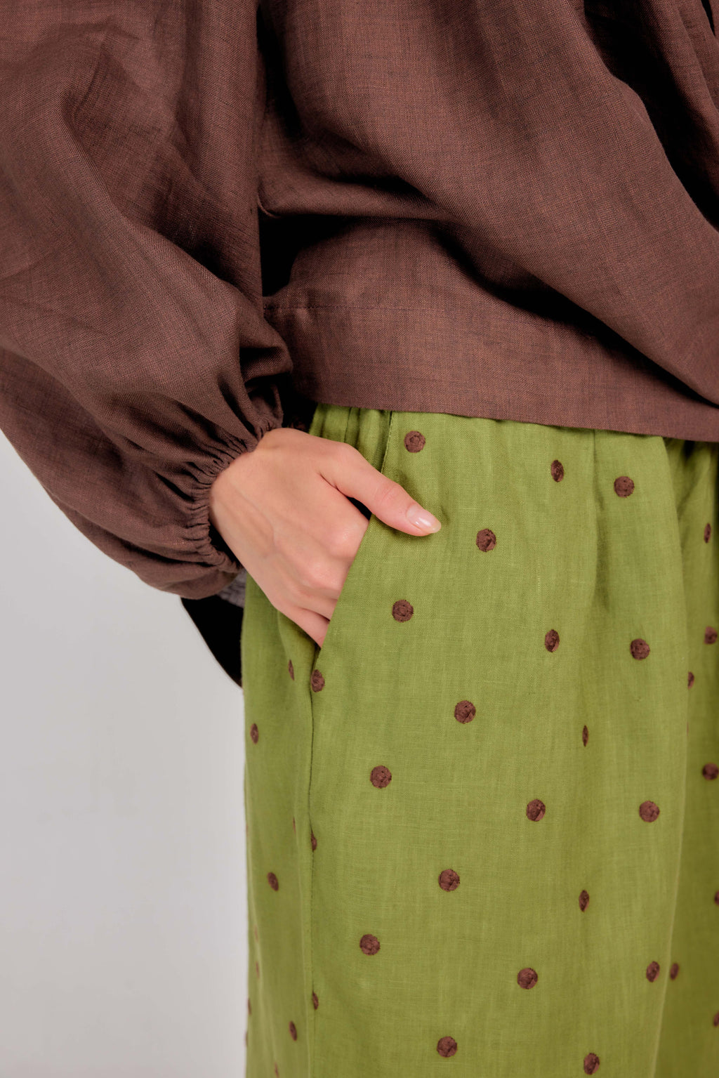 The Embroidered Polka Dot Pure Linen Relaxed Barrel Pants in Pistachio Chocolate Chip