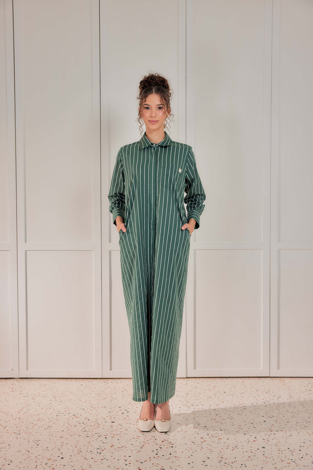 100% Cotton Striped Shirt Dress - Emerald Green
