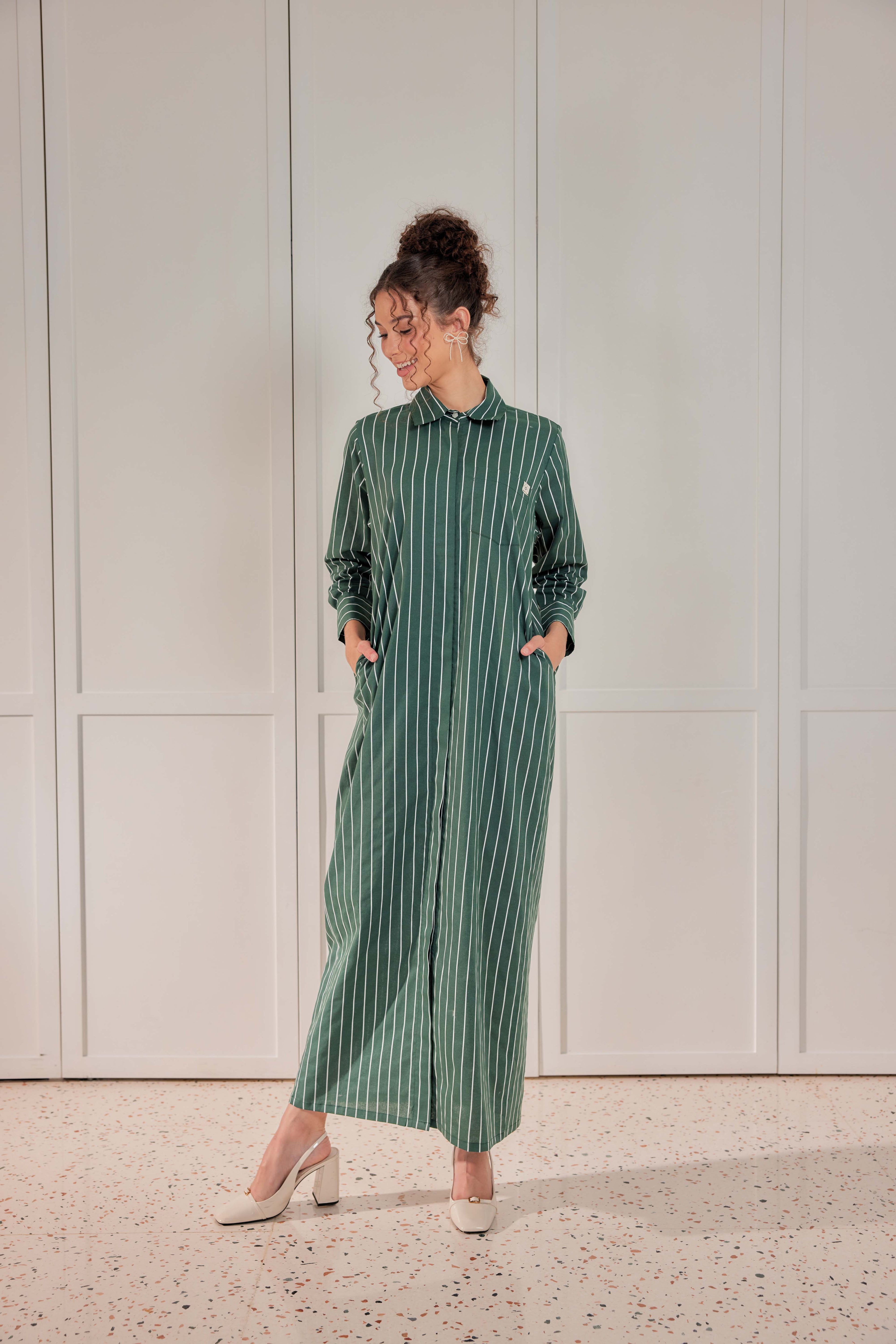 100% Cotton Striped Shirt Dress - Emerald Green