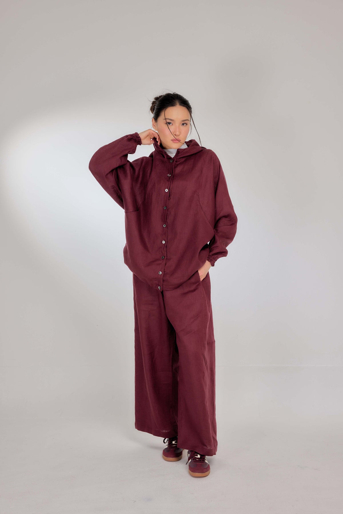 07 - Crimson - Pure Hemp Linen Button-Up Hooded Jacket