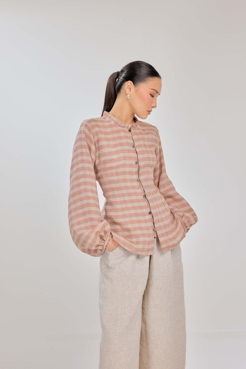 04 - Primrose-Check - Grand Tralala Pure Linen Shirt With Mother Of Pearl Buttons