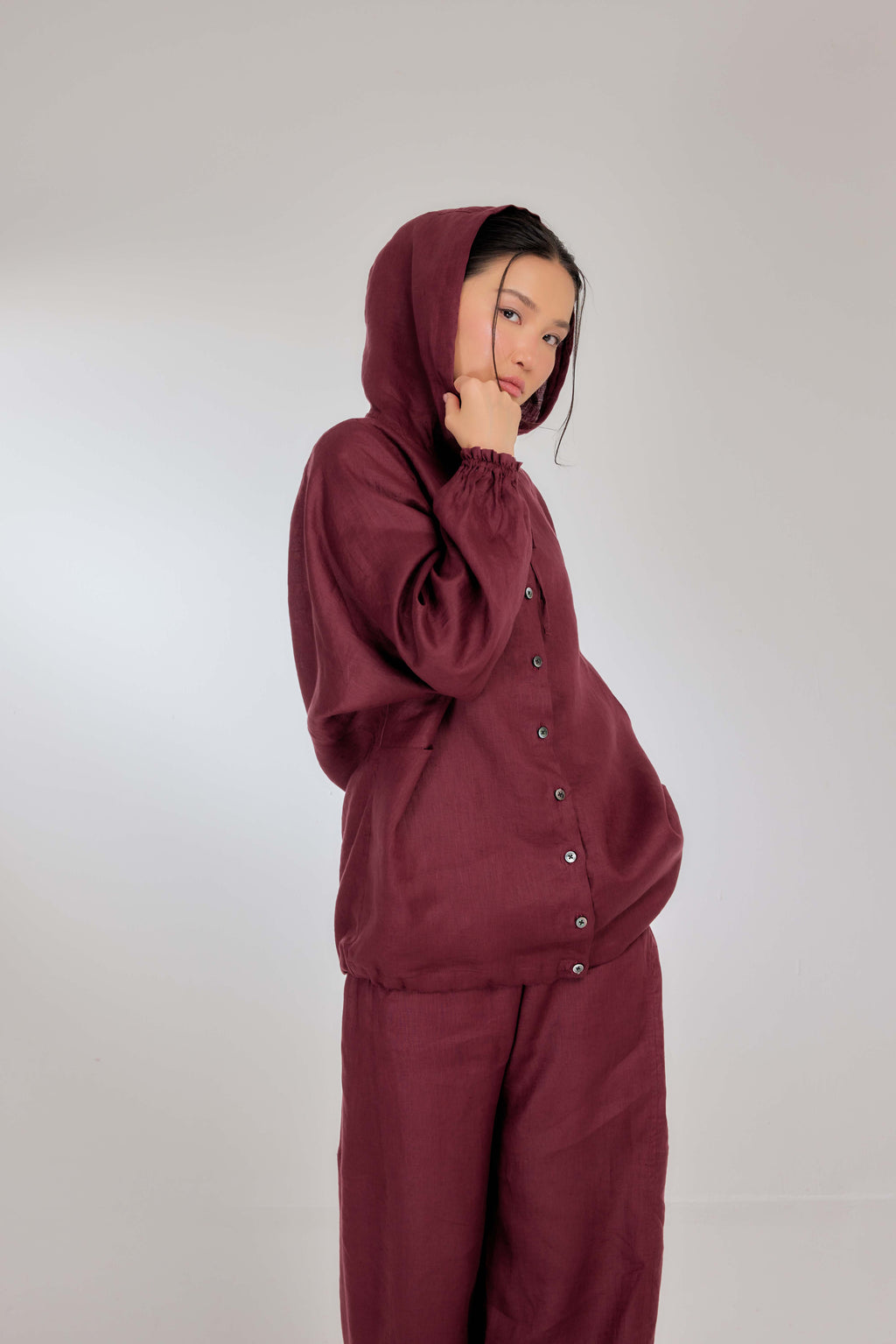 07 - Crimson - Pure Hemp Linen Button-Up Hooded Jacket