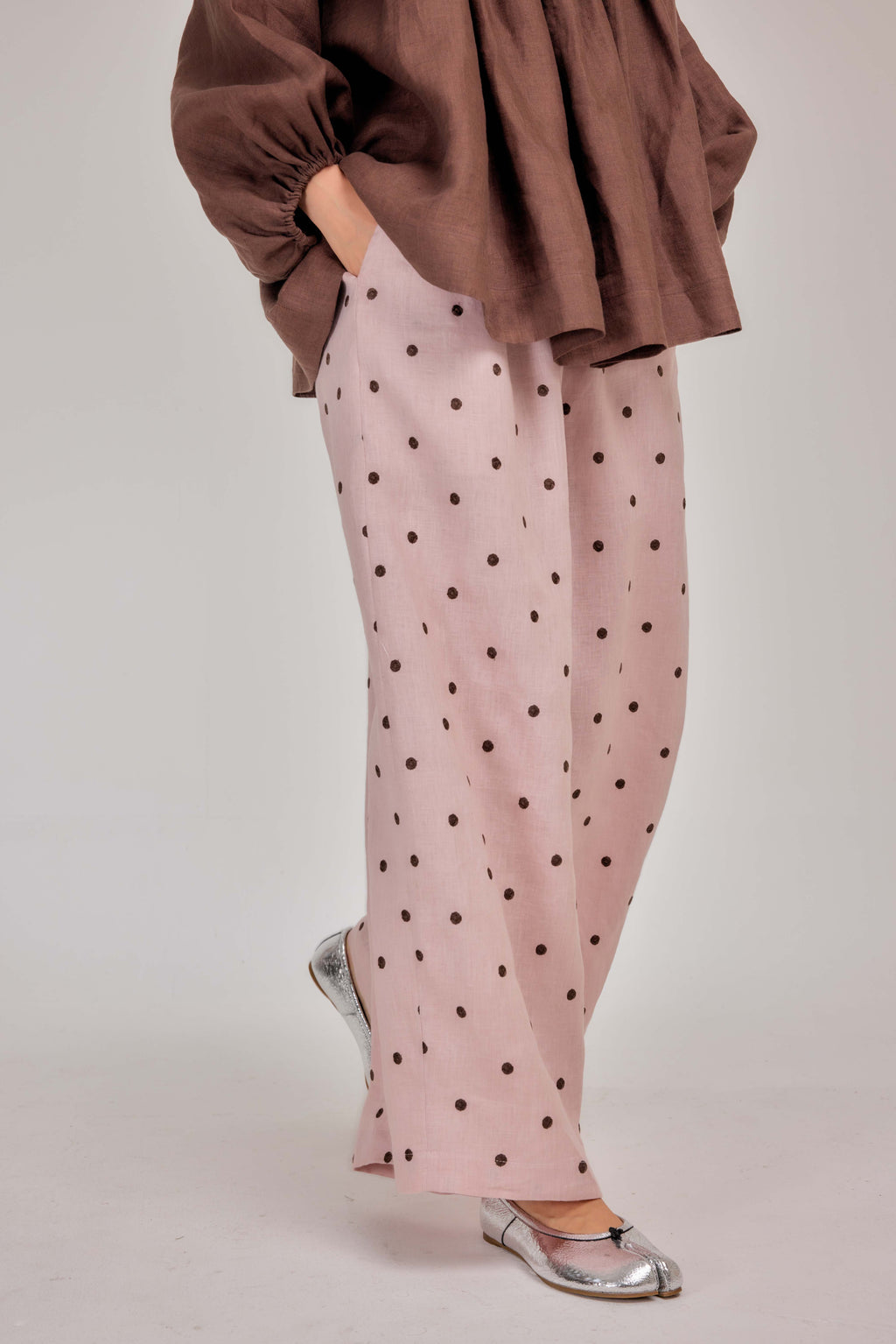 The Embroidered Polka Dot Pure Linen Relaxed Barrel Pants in Rose Truffle