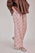 The Embroidered Polka Dot Pure Linen Relaxed Barrel Pants in Rose Truffle