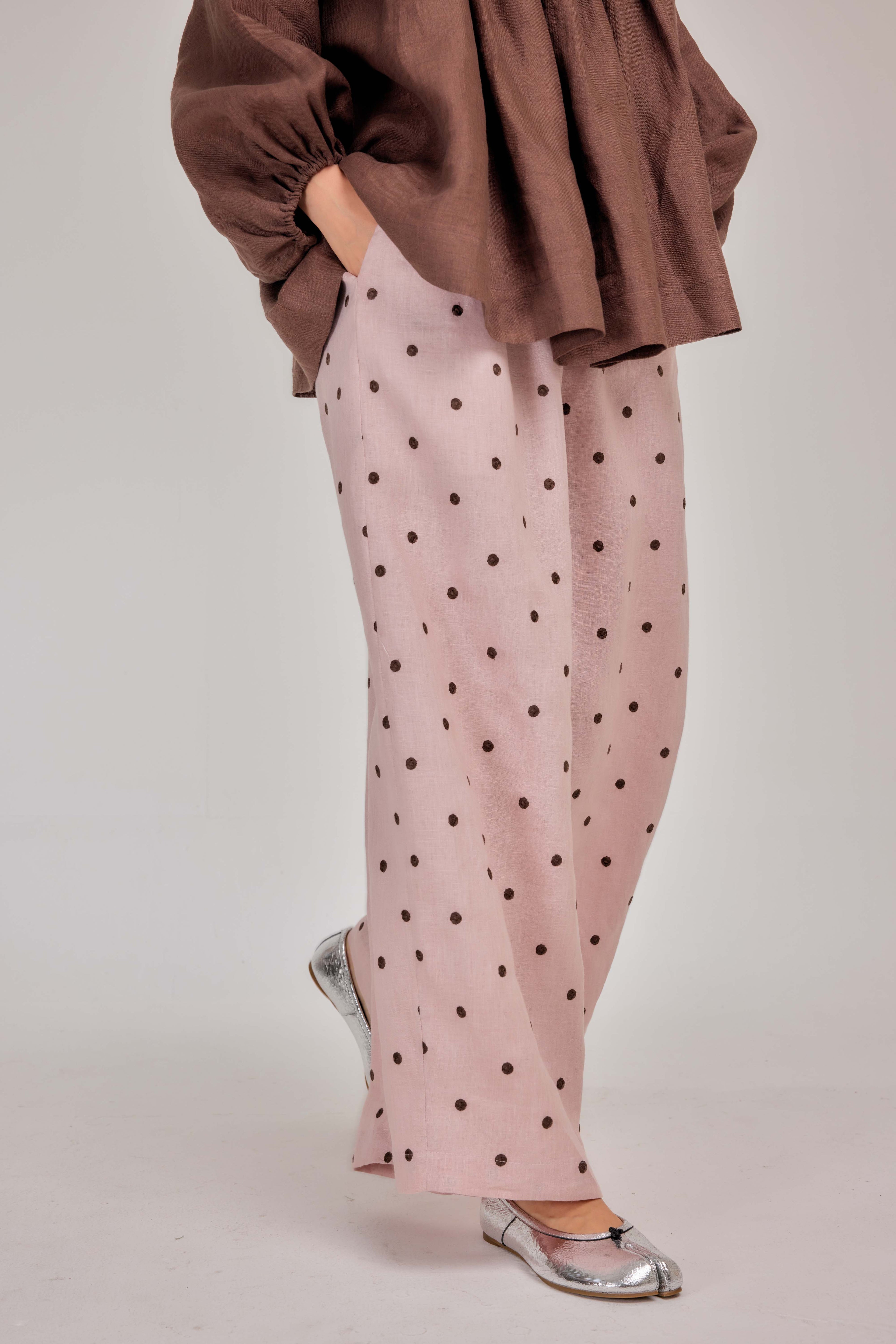 The Embroidered Polka Dot Pure Linen Relaxed Barrel Pants in Rose Truffle