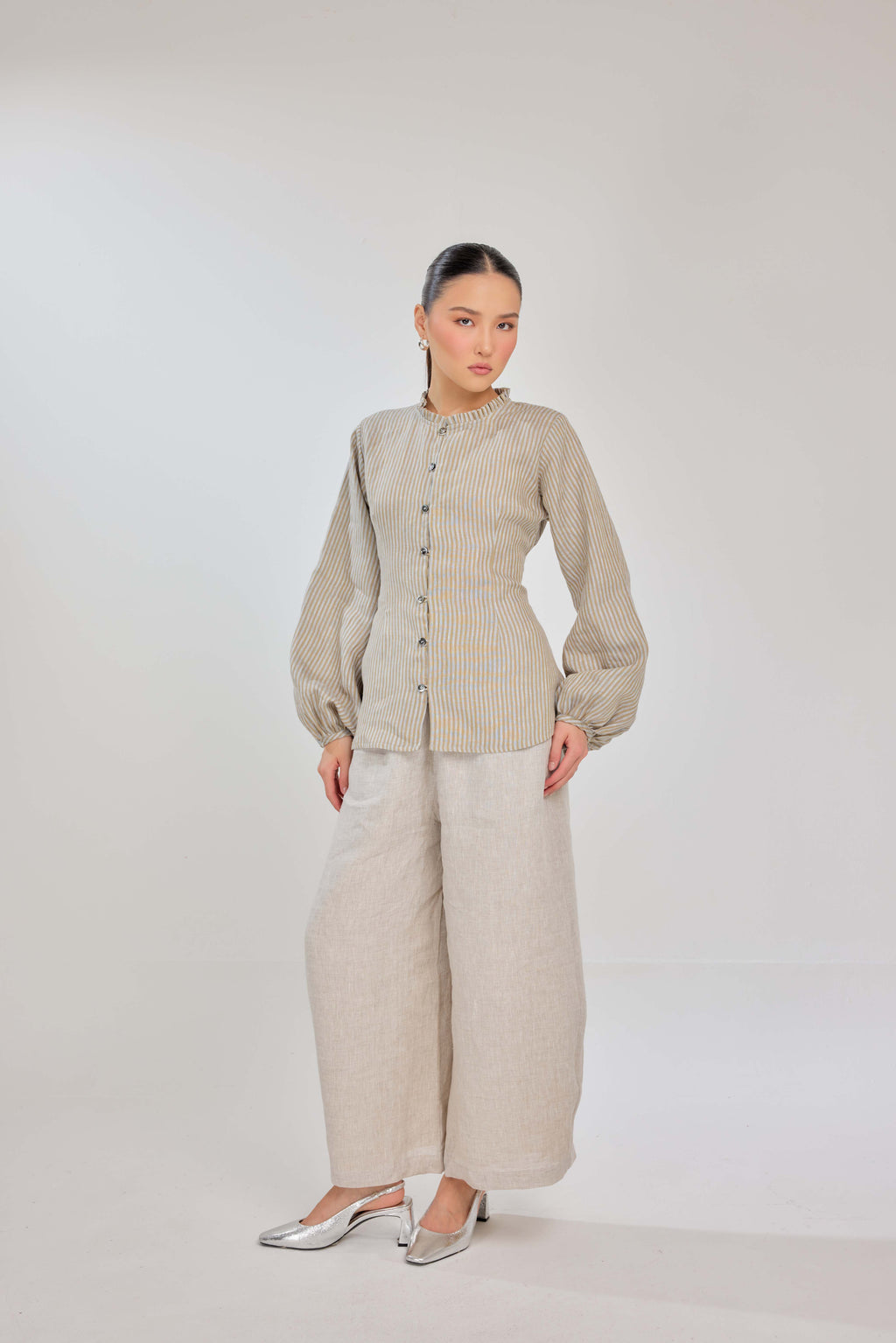 06 - Hojicha Striped - Grand Tralala Pure Linen Shirt With Mother Of Pearl Buttons