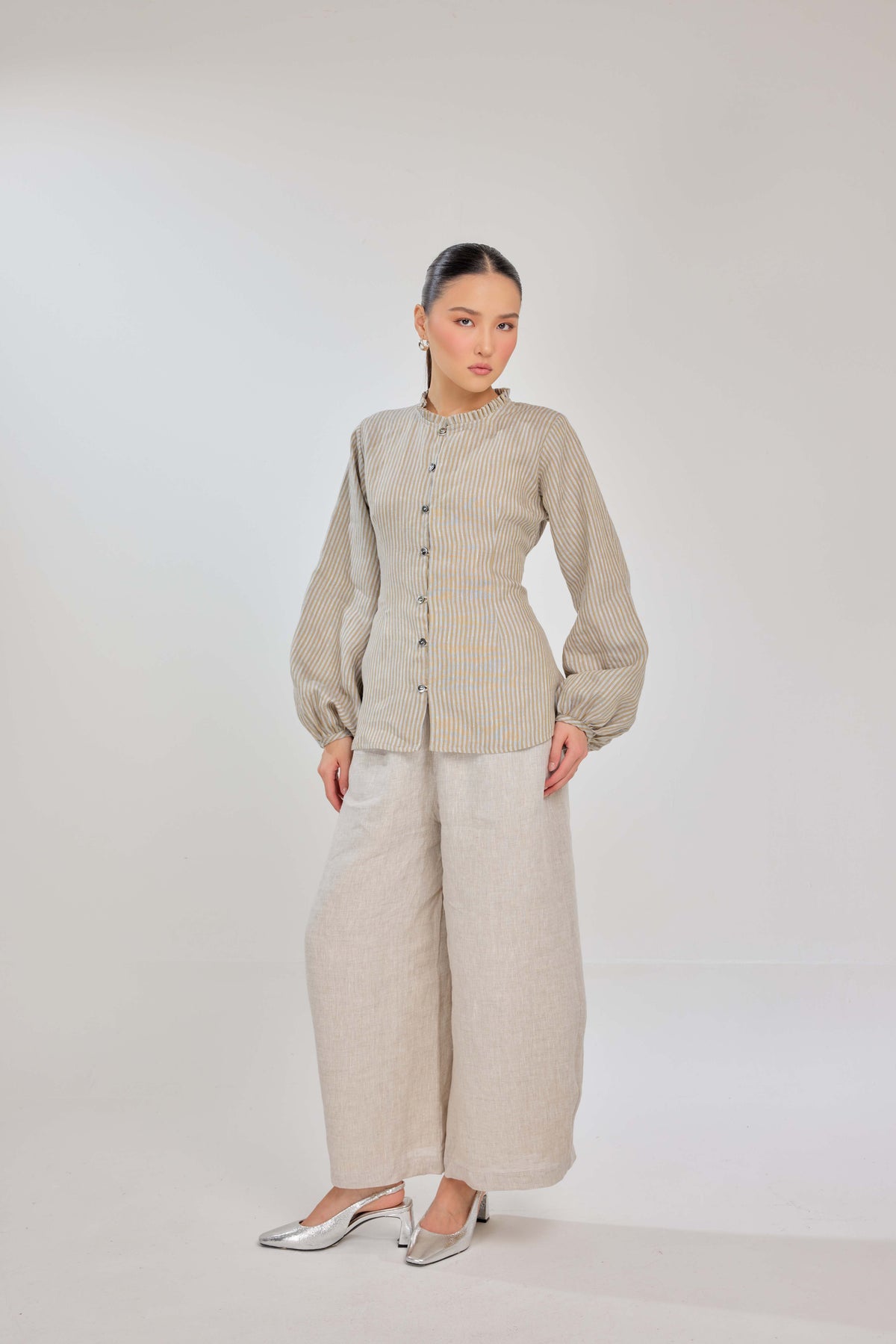 06 - Hojicha Striped - Grand Tralala Pure Linen Shirt With Mother Of Pearl Buttons