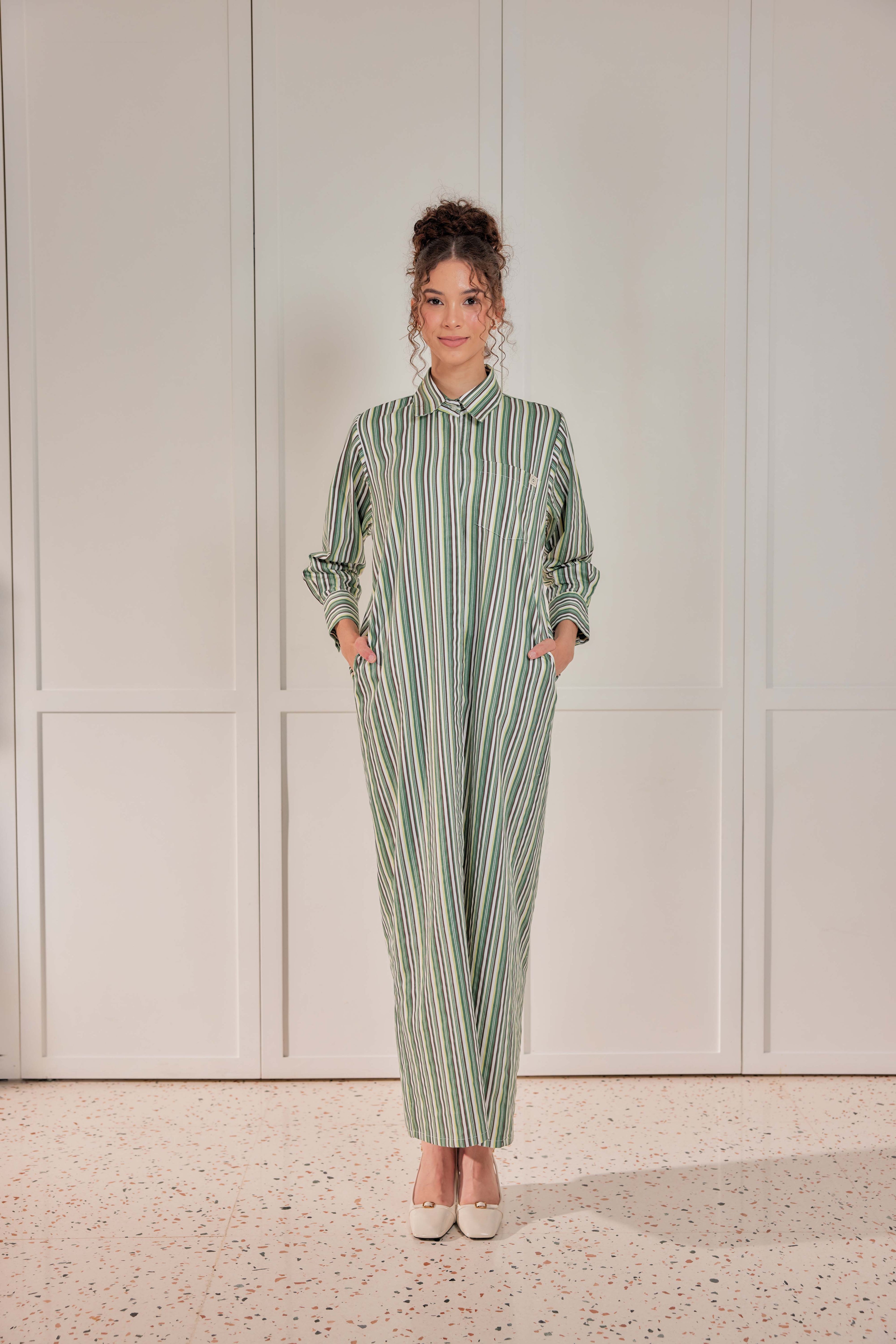 100% Cotton Striped Shirt Dress - Pistachio