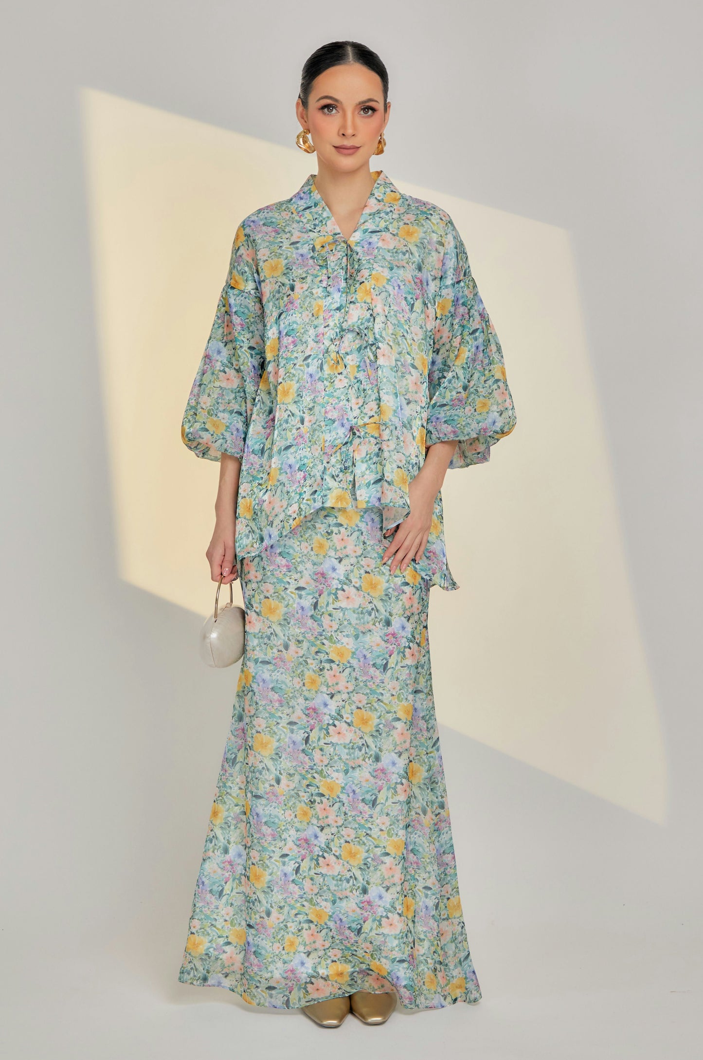 Wildflower Shimmer Alana Kurung With Bows (Fully Lined)