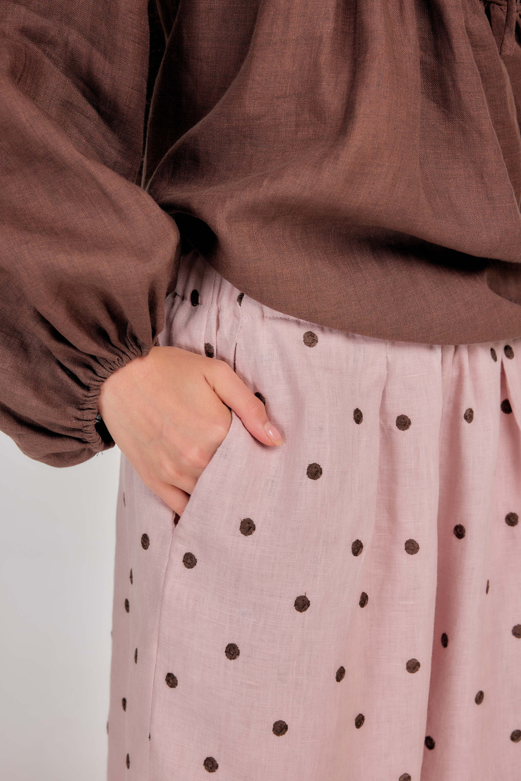 The Embroidered Polka Dot Pure Linen Relaxed Barrel Pants in Rose Truffle