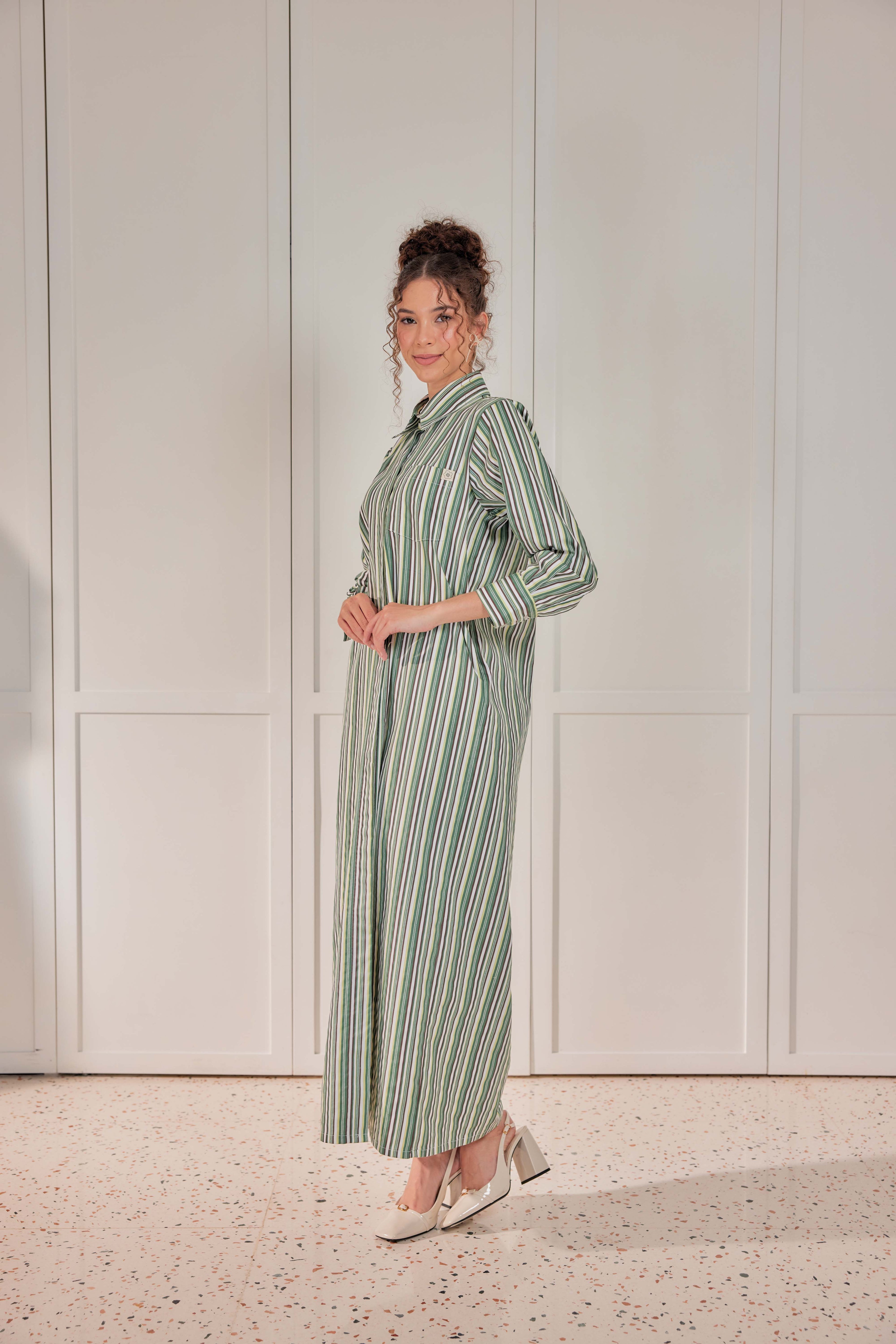100% Cotton Striped Shirt Dress - Pistachio