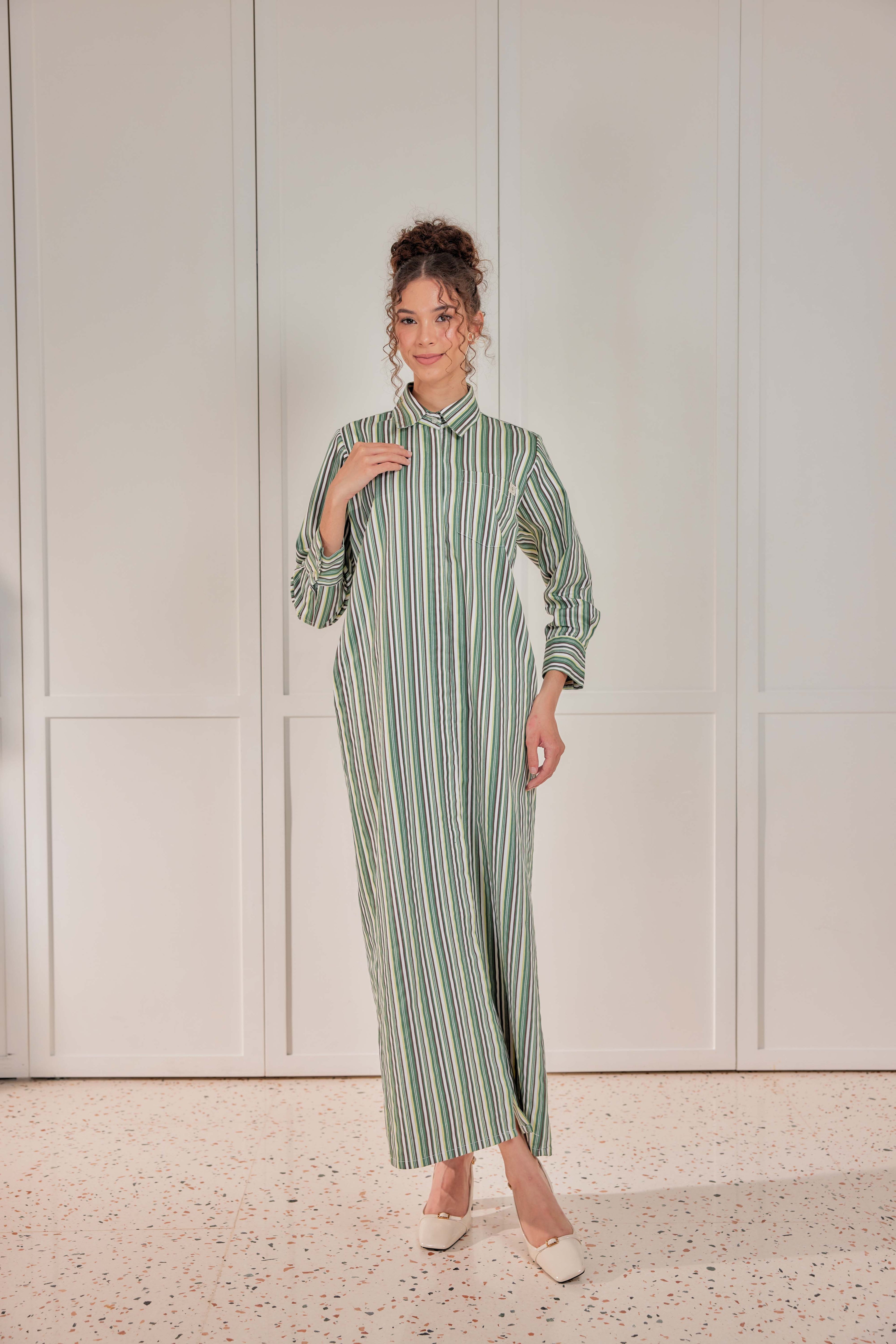 100% Cotton Striped Shirt Dress - Pistachio