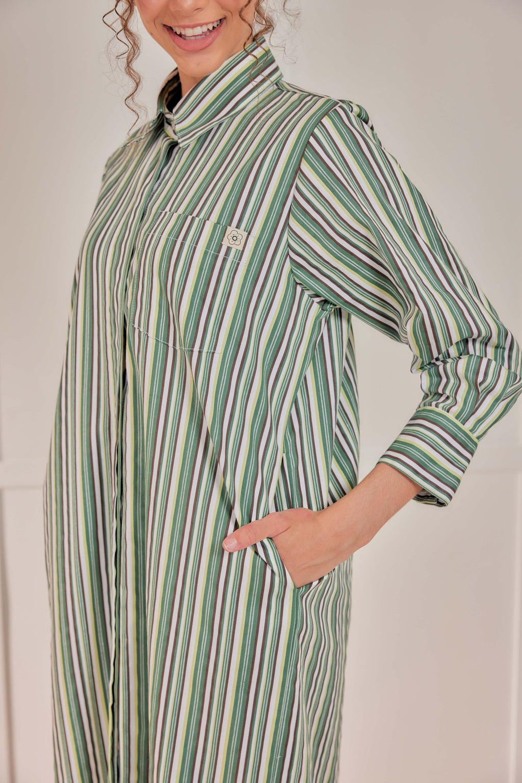100% Cotton Striped Shirt Dress - Pistachio