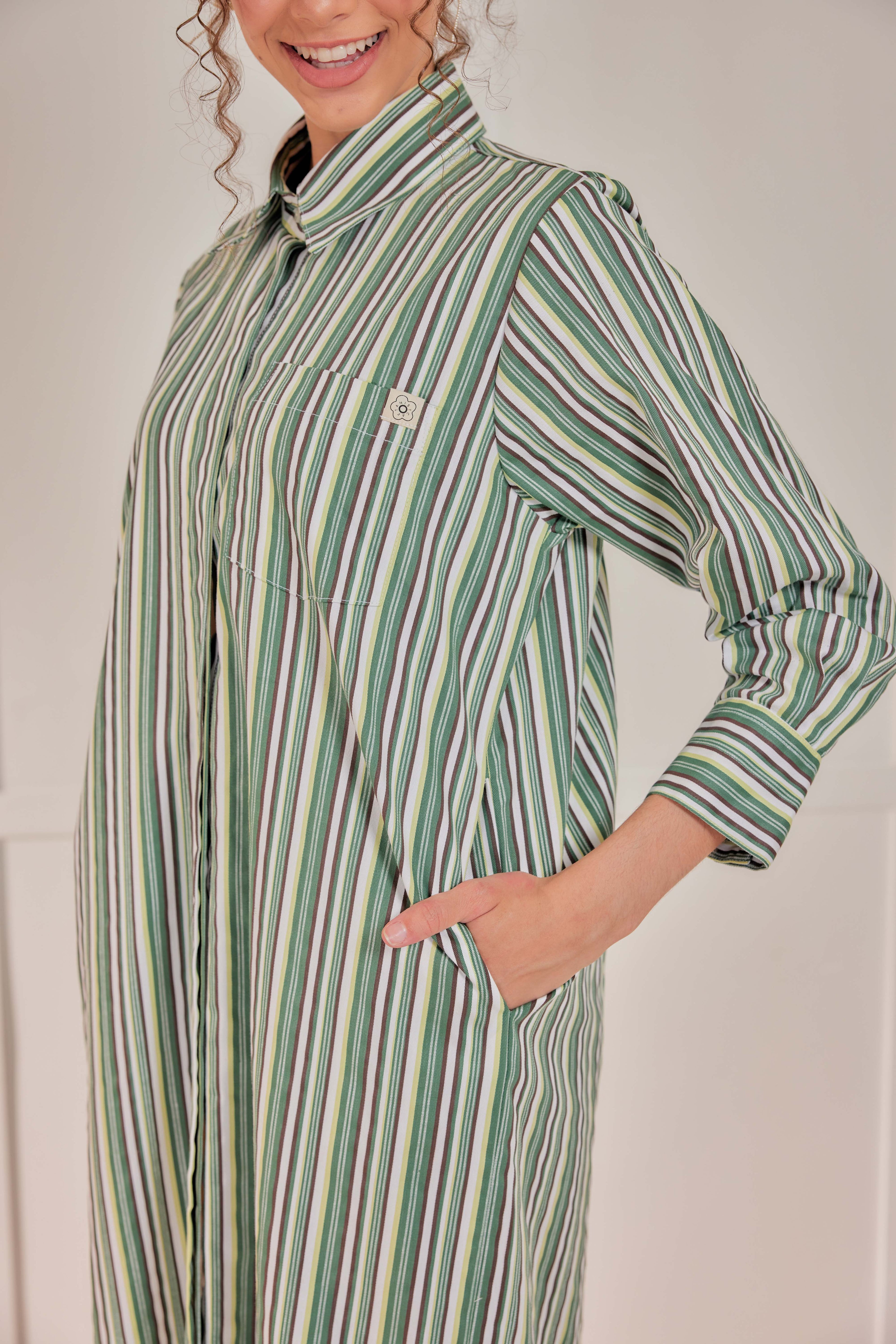 100% Cotton Striped Shirt Dress - Pistachio