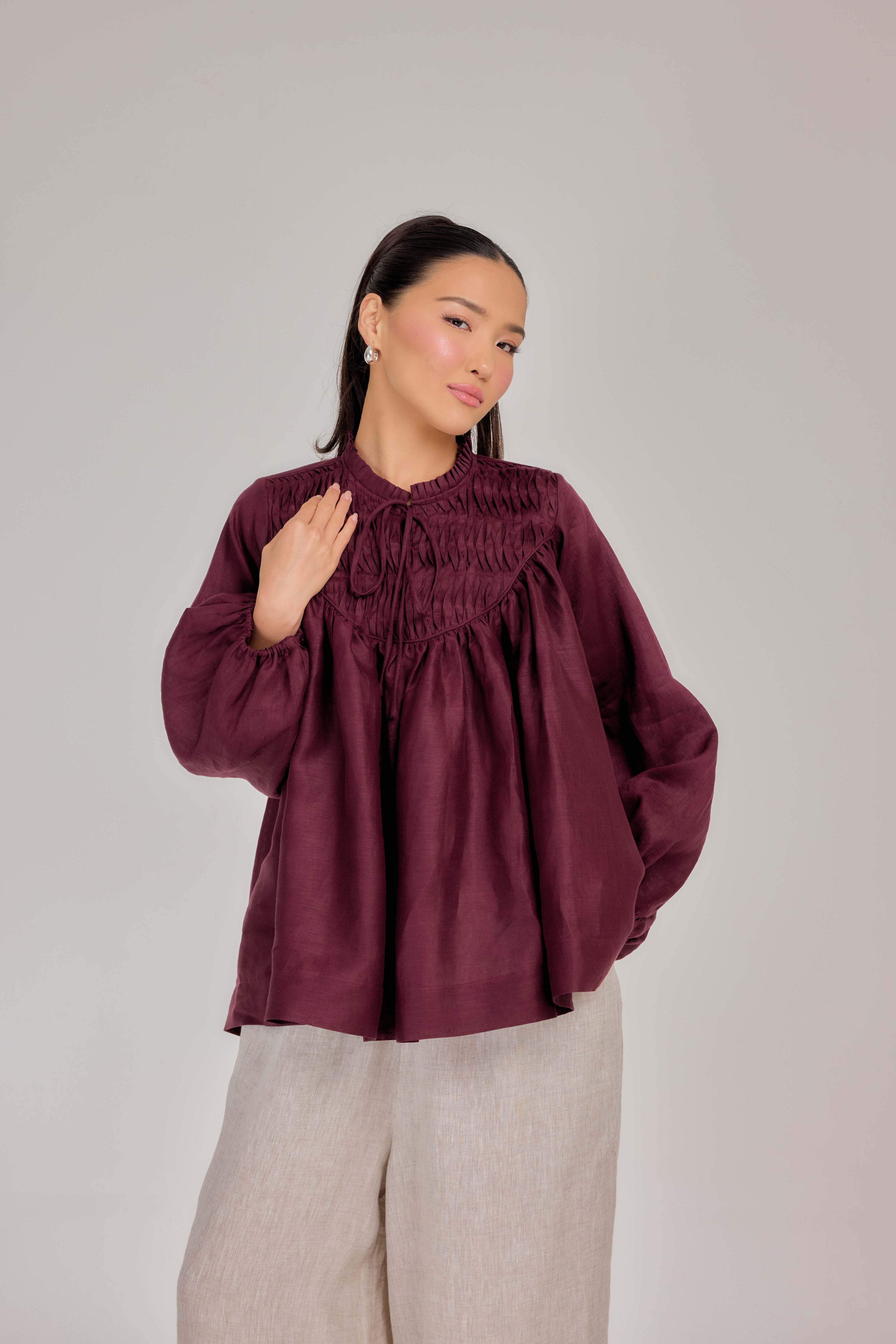 09 - The Heirloom Wave-Pleated Pure Linen Blouse in Burgundy