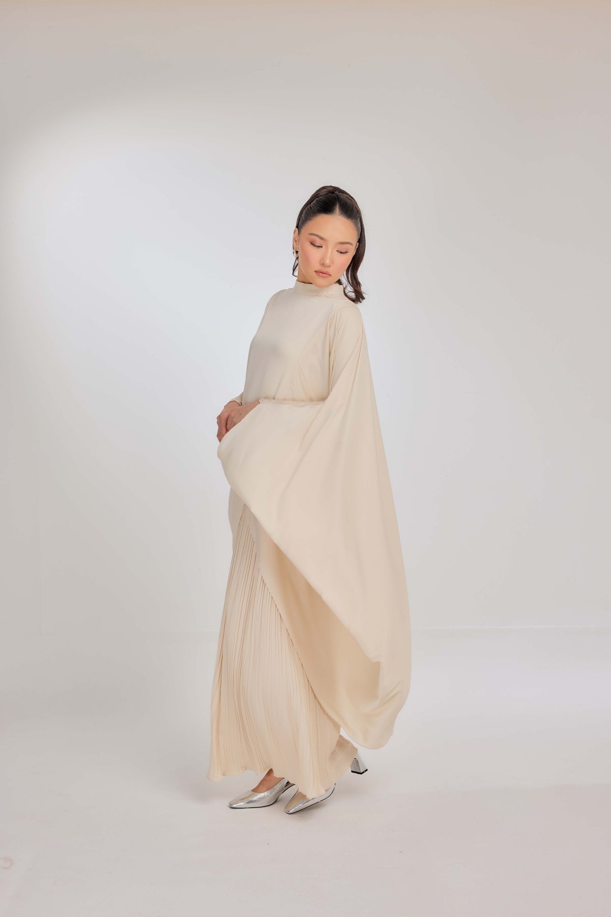 09 - Vanilla Custard - Chanela Full Sleeve Kurung with Pleated Skirt Set
