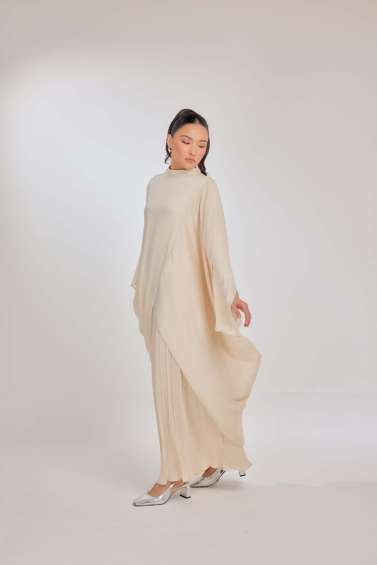 09 - Vanilla Custard - Chanela Full Sleeve Kurung with Pleated Skirt Set