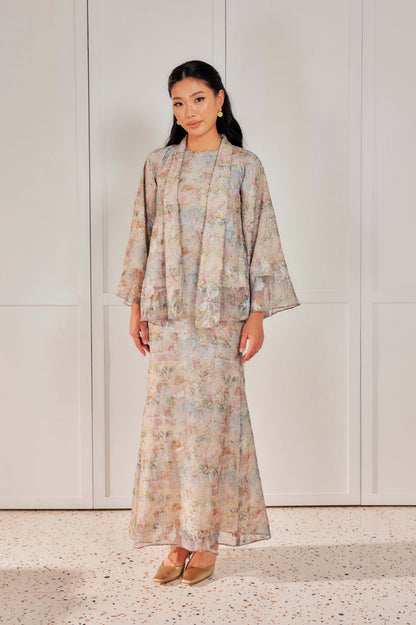 Venetta Two-piece Jacquard Chiffon Dress Set - Vintage Pastel Floral (Full Lining)