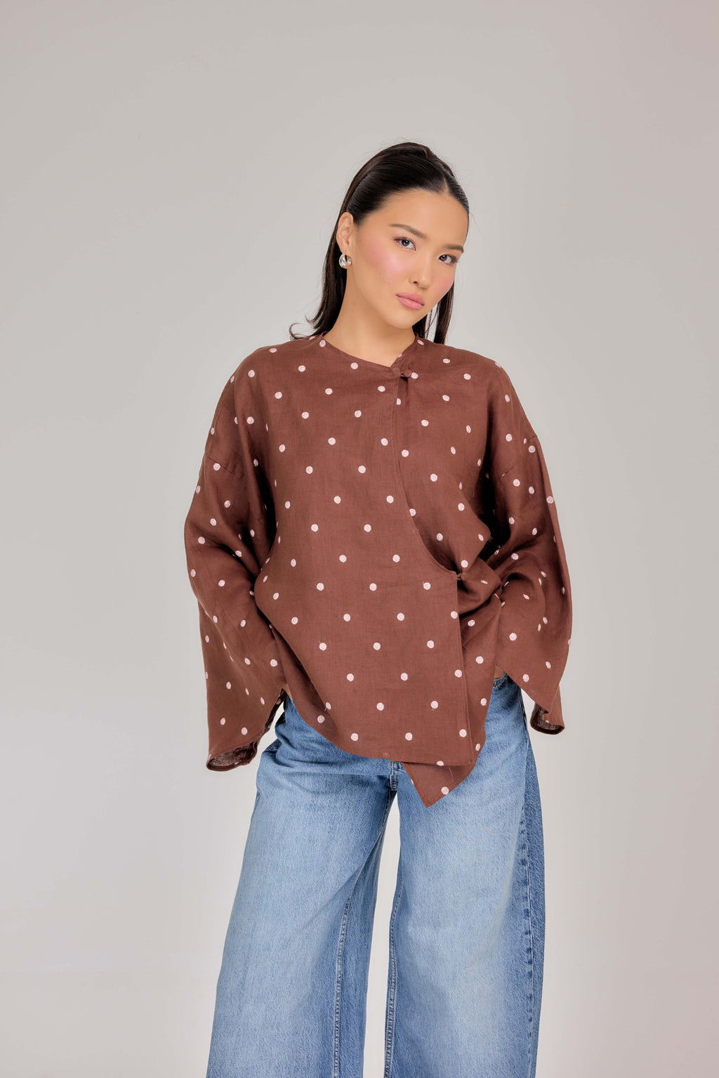 The Embroidered Polka Dot Pure Linen Wrap Top in Chocolate Truffle &  Blush