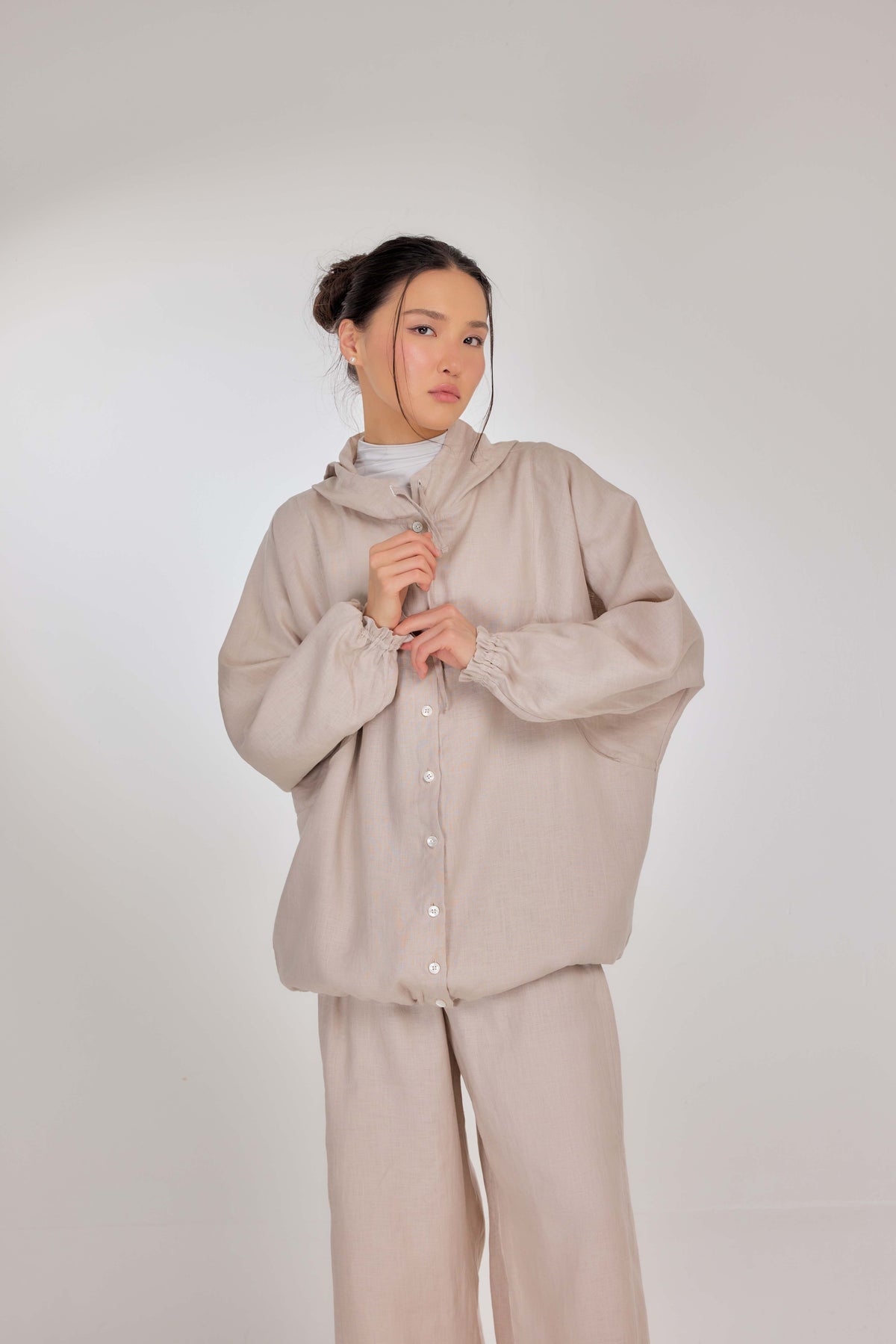 09 - Sand Nude - Pure Hemp Linen Button-Up Hooded Jacket