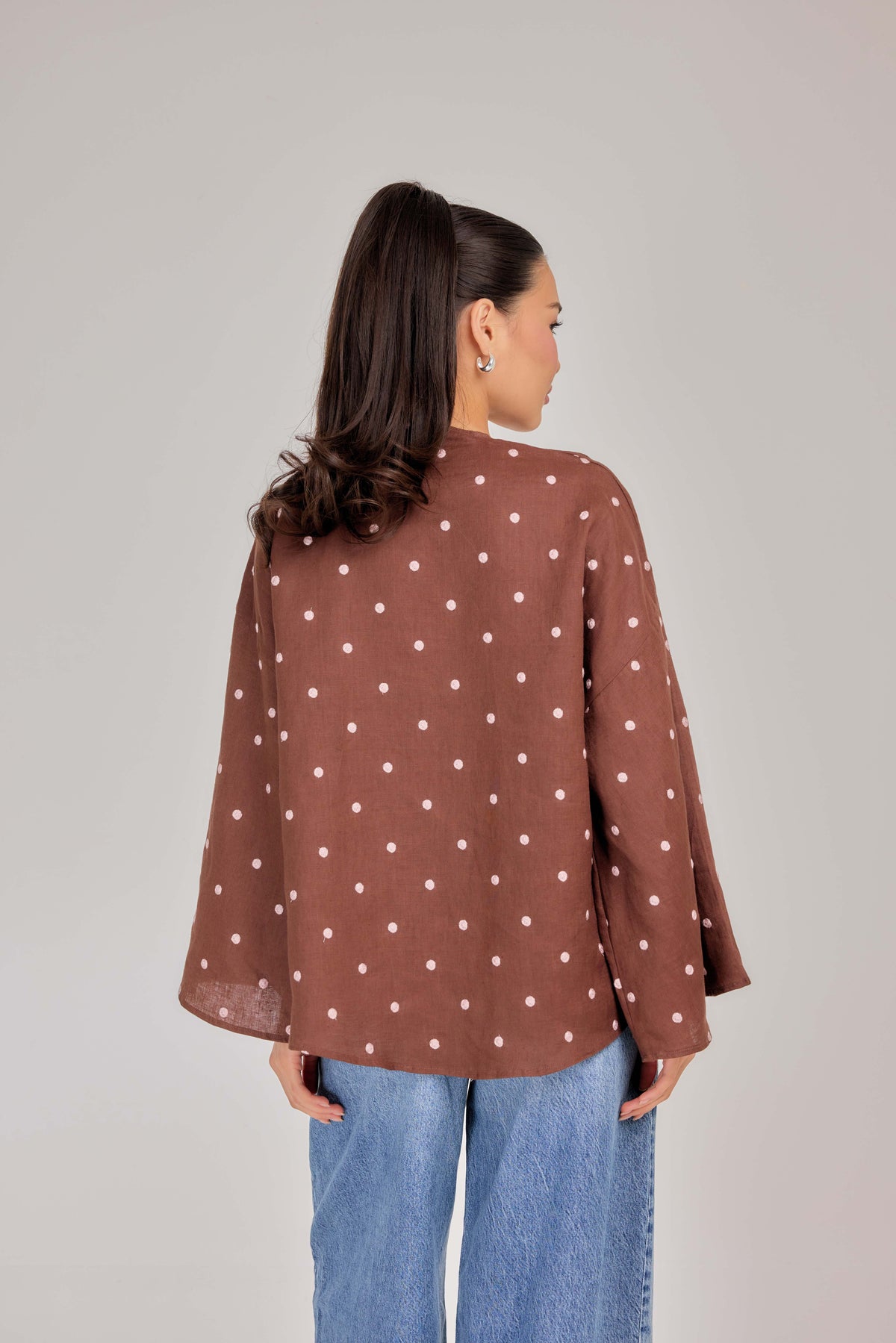 The Embroidered Polka Dot Pure Linen Wrap Top in Chocolate Truffle &  Blush