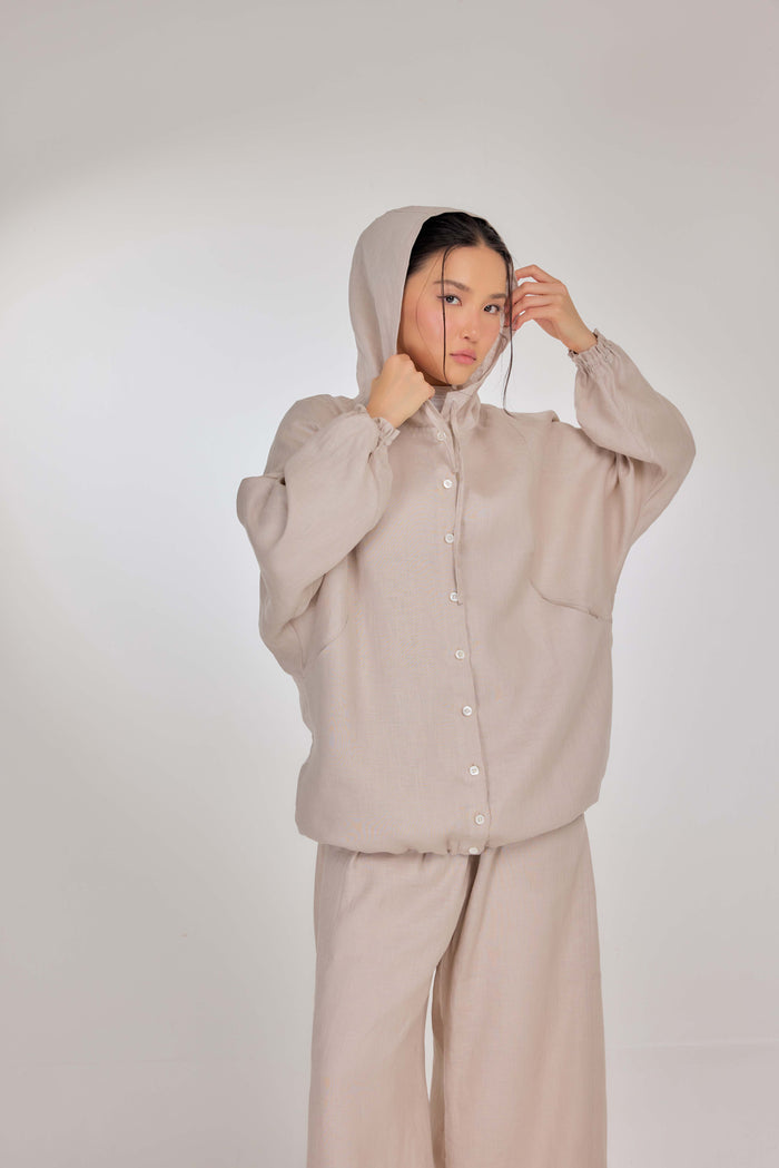 09 - Sand Nude - Pure Hemp Linen Button-Up Hooded Jacket