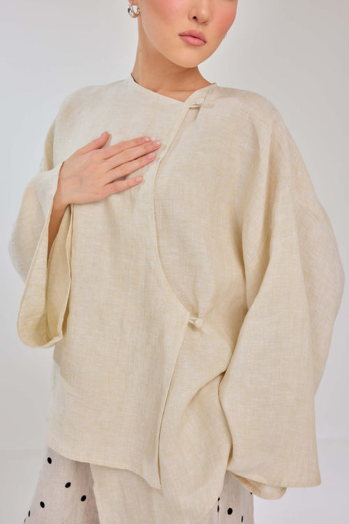 01 - Custard Cream - Mélange Pure Linen Wrap Top