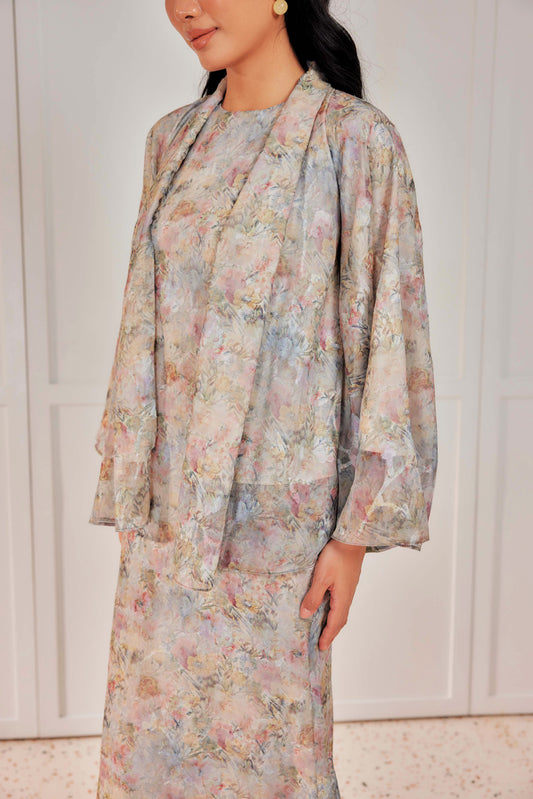 Venetta Two-piece Jacquard Chiffon Dress Set - Vintage Pastel Floral (Full Lining)