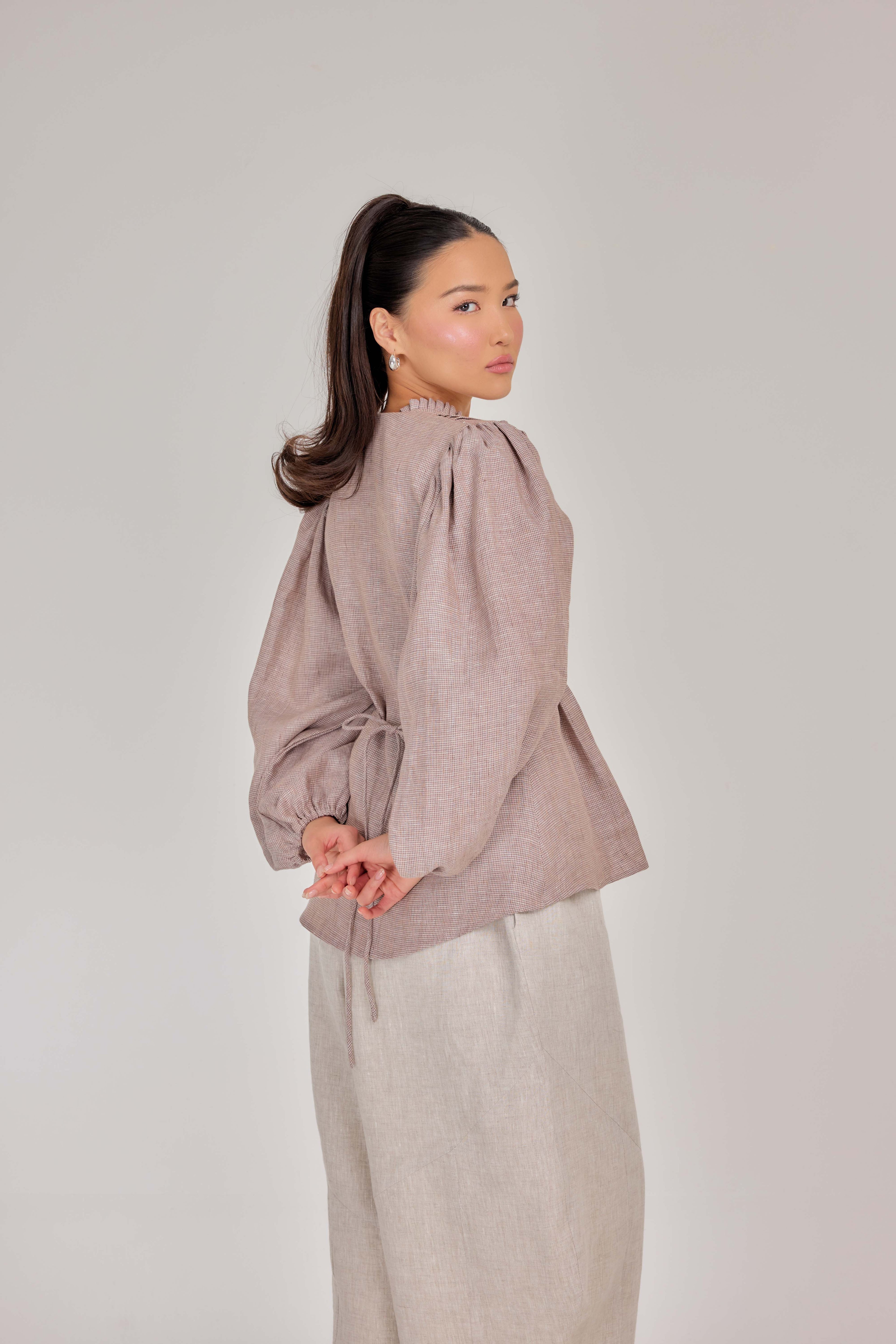 05 - The Daydream Tie-Waist in Baroque Micro-Check Weave Pure Linen Top