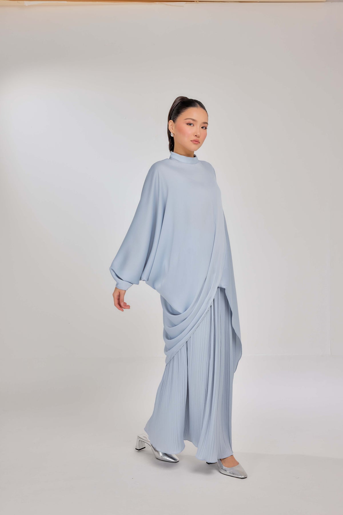 02 - Cashmere Blue - Chanela Full Sleeve Kurung with Pleated Skirt Set