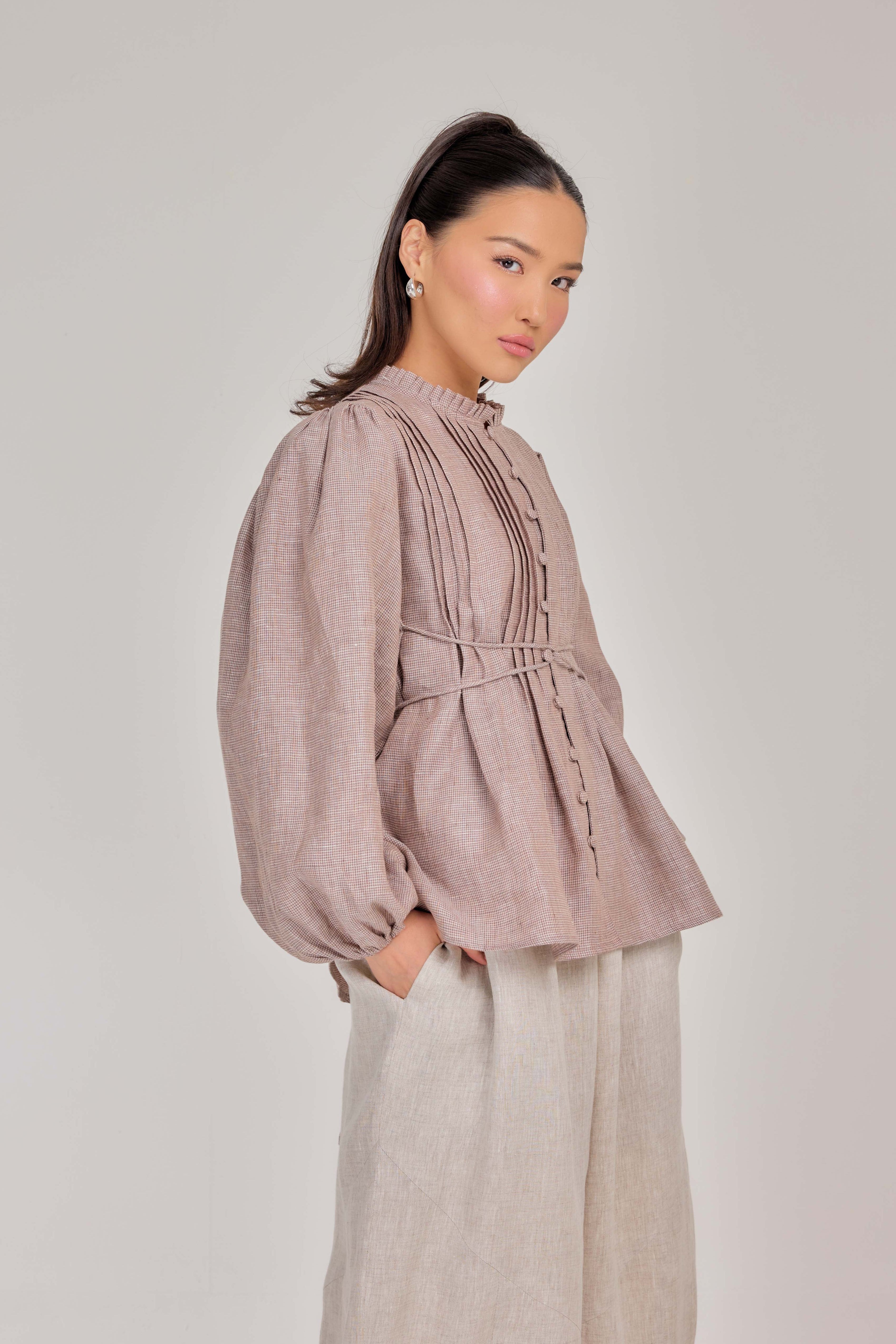 05 - The Daydream Tie-Waist in Baroque Micro-Check Weave Pure Linen Top