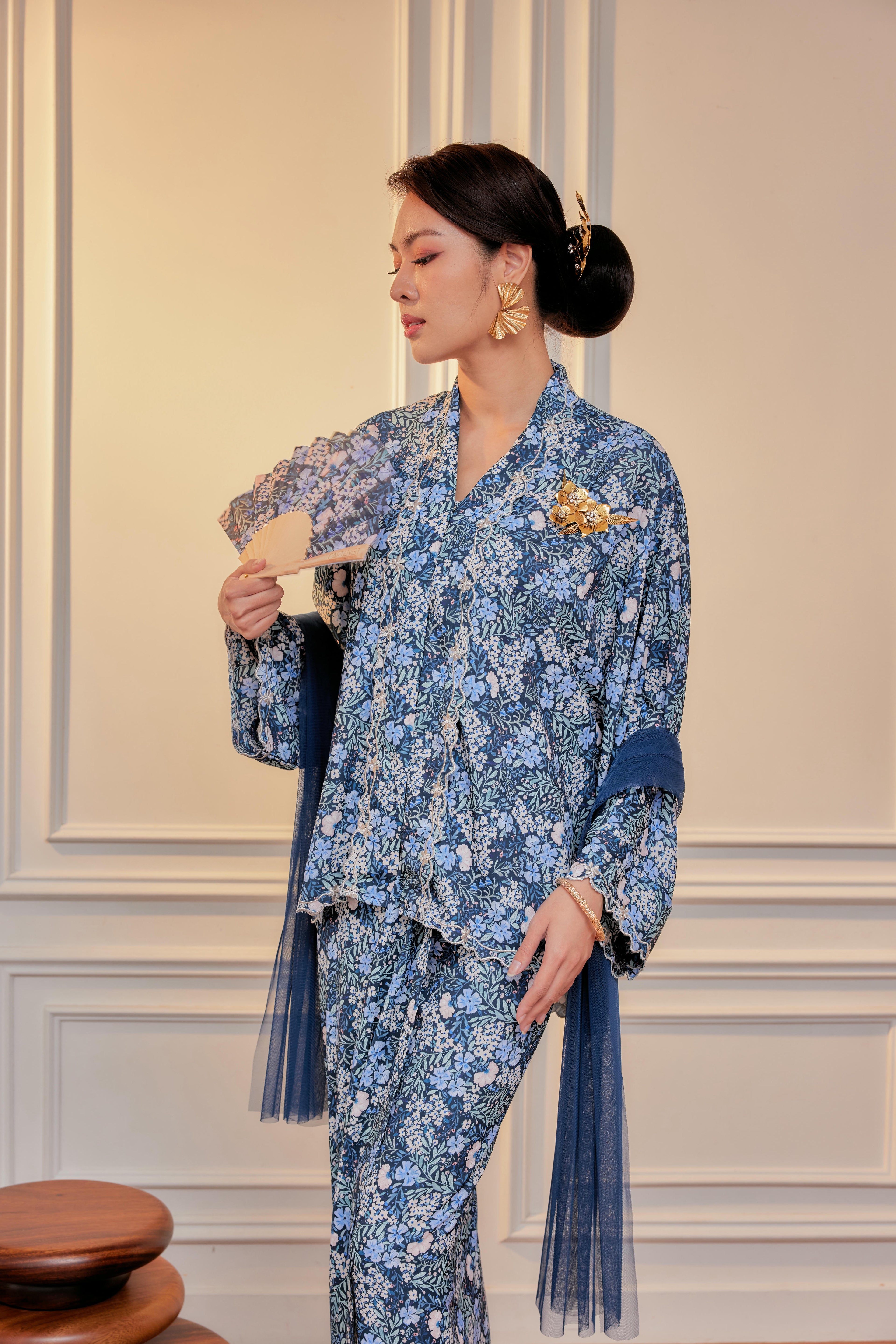 Imperial Plumbago - Indah Embroidery Kebaya with Matching Fan