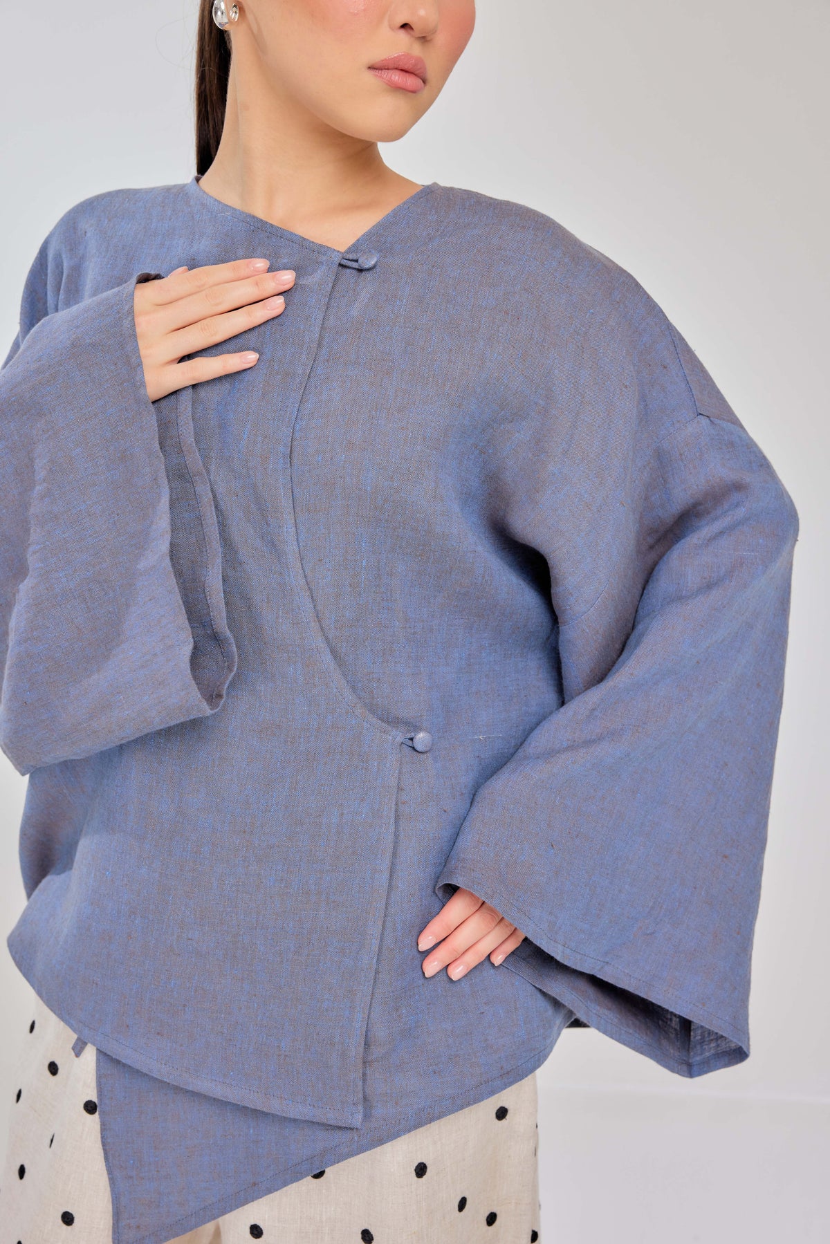 05 - Blue Pea Flower - Mélange Pure Linen Wrap Top
