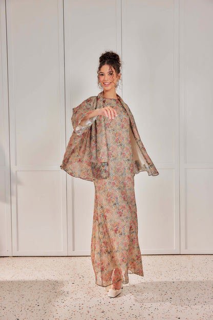 Venetta Two-piece Jacquard Chiffon Dress Set - Vintage Dreamy Floral (Full Lining)