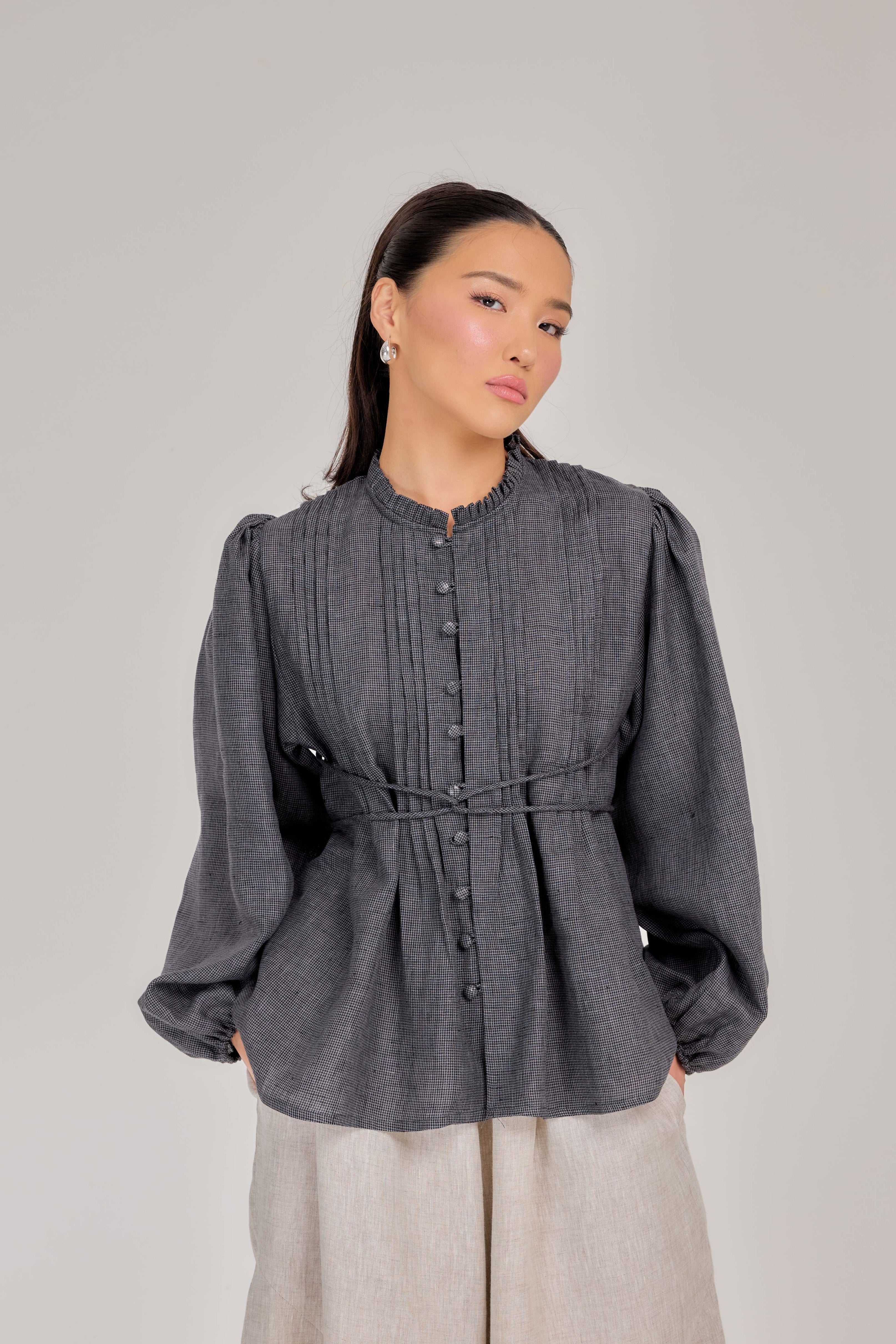 03 - The Daydream Tie-Waist in Tahitian Pearl Micro-Check Weave Pure Linen Top