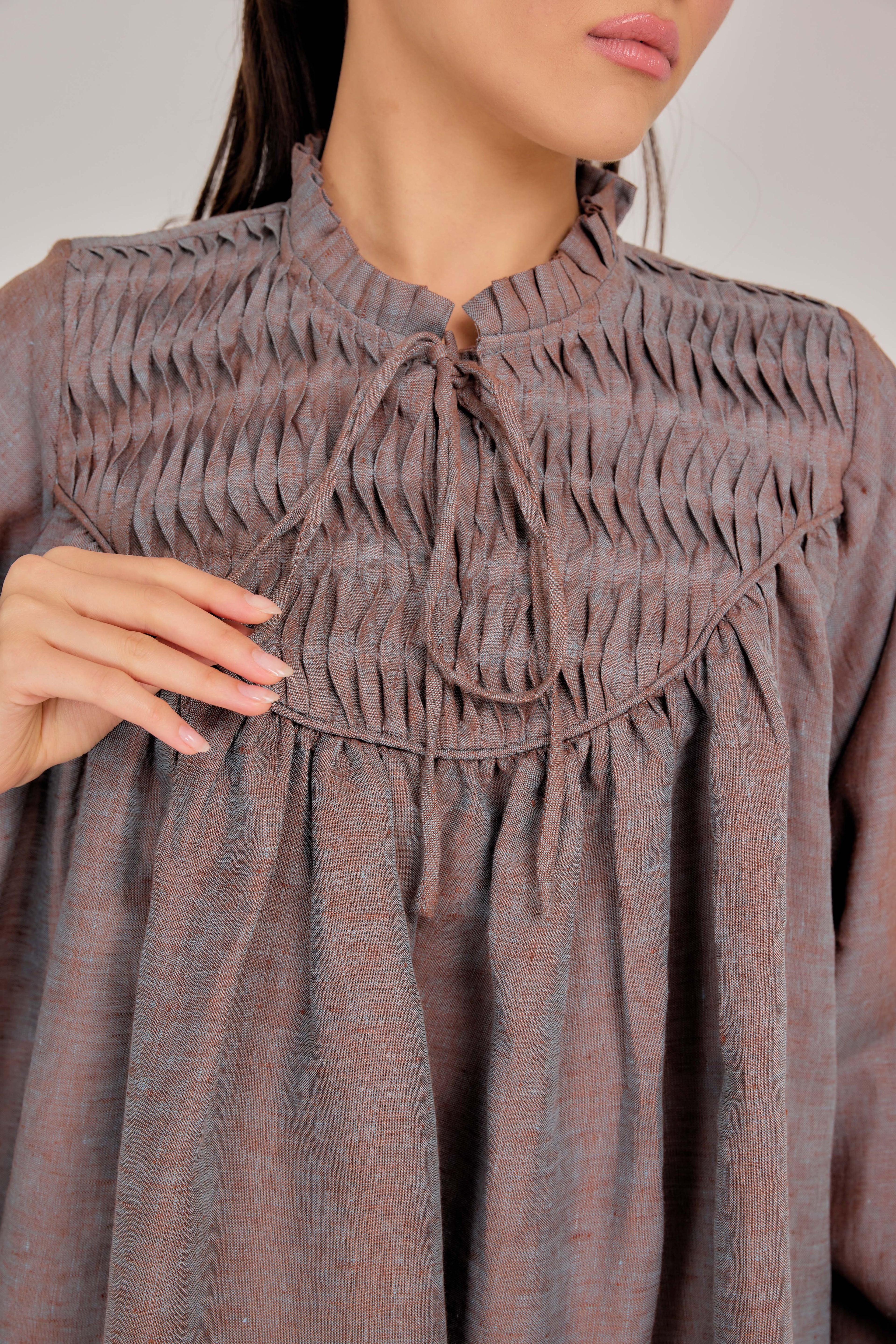 07 - The Heirloom Wave-Pleated Mélange Pure Linen Blouse in Glacier Haze