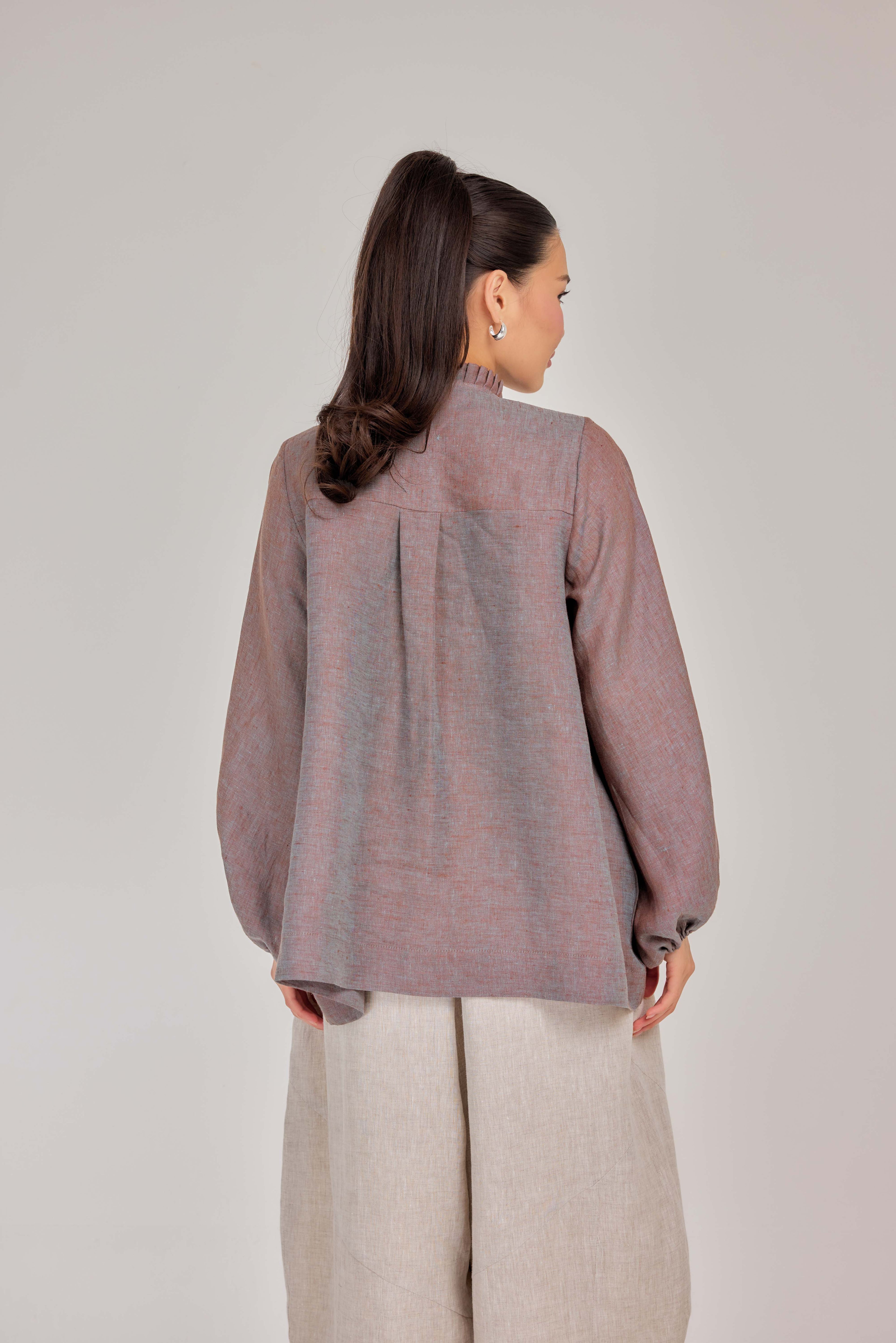 07 - The Heirloom Wave-Pleated Mélange Pure Linen Blouse in Glacier Haze