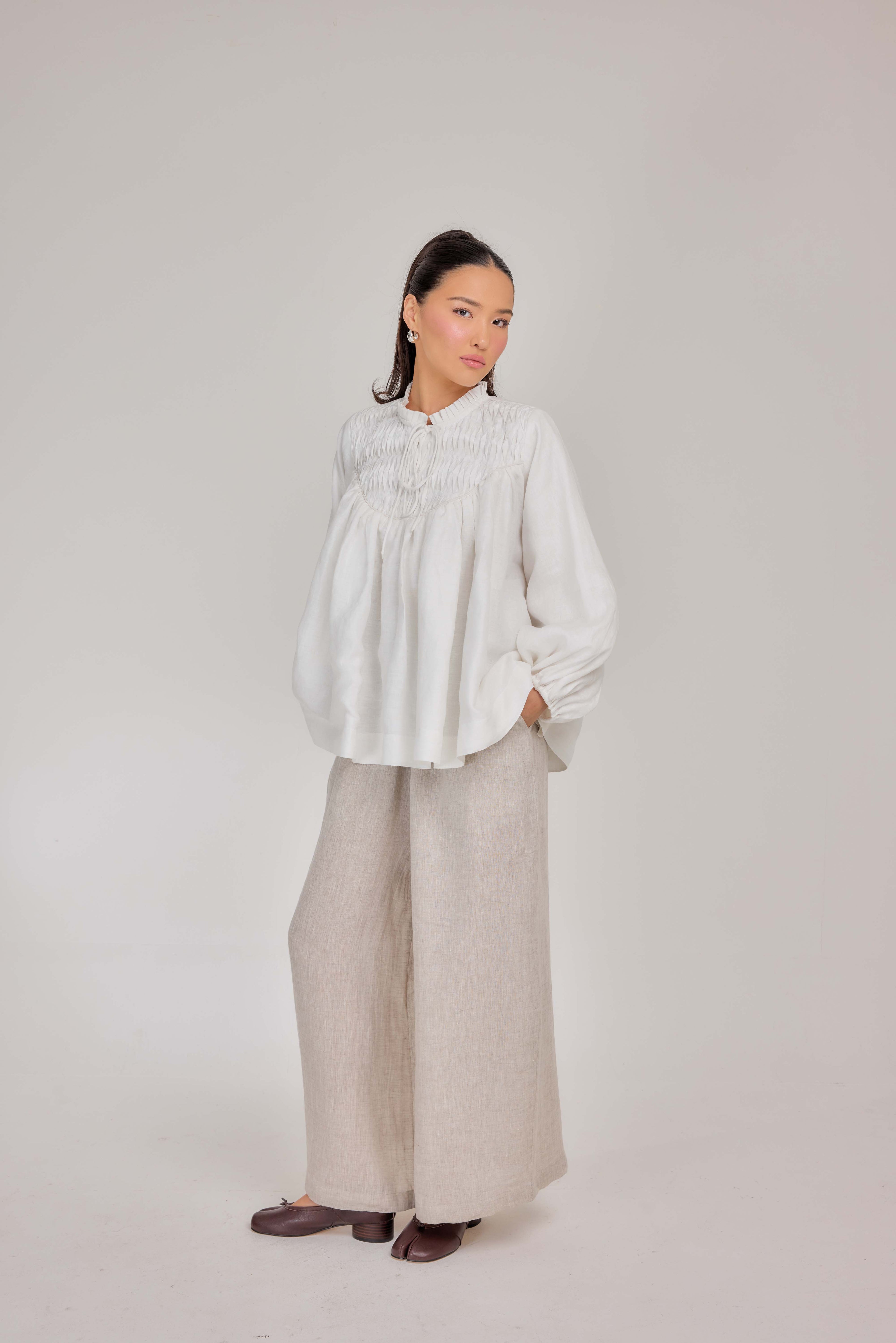 15 - The Heirloom Wave-Pleated Pure Linen Blouse in White Akoya Pearl