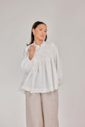 15 - The Heirloom Wave-Pleated Pure Linen Blouse in White Akoya Pearl