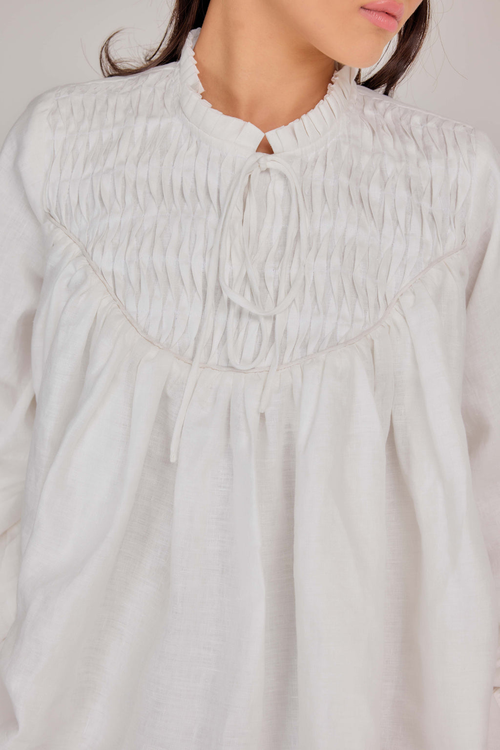 15 - The Heirloom Wave-Pleated Pure Linen Blouse in White Akoya Pearl