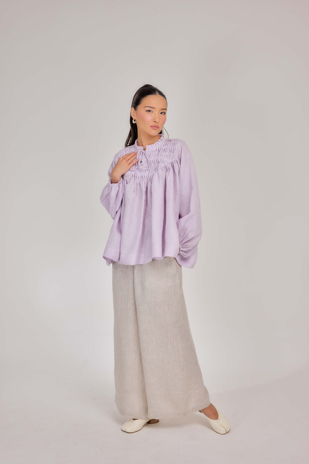 11 - The Heirloom Wave-Pleated Mélange Pure Linen Blouse in Lavender Mist