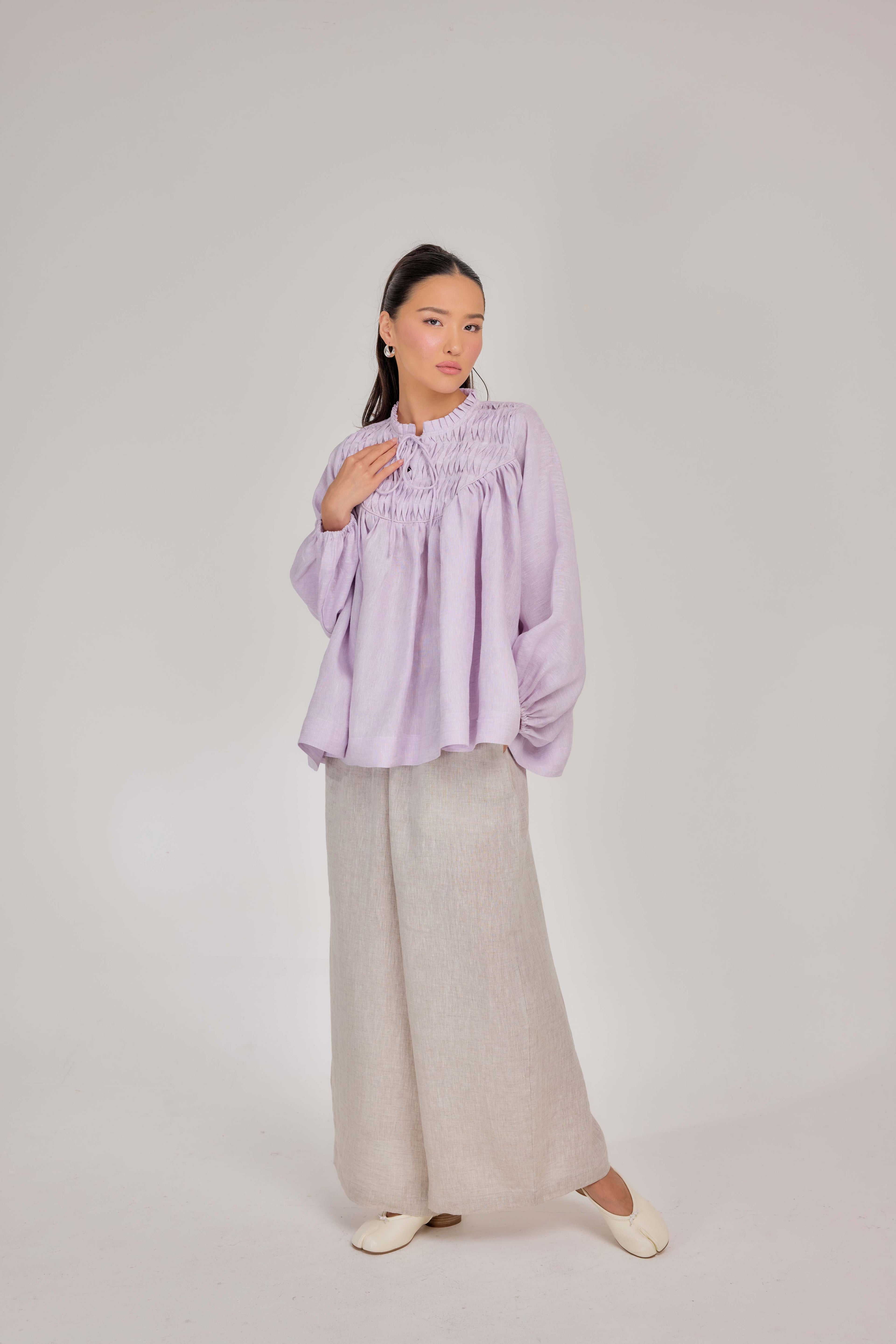 11 - The Heirloom Wave-Pleated Mélange Pure Linen Blouse in Lavender Mist