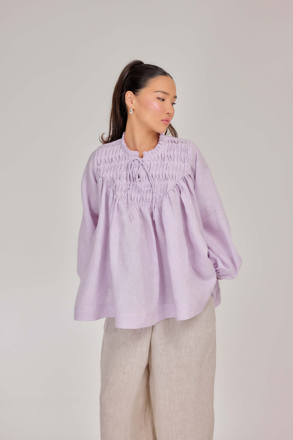 11 - The Heirloom Wave-Pleated Mélange Pure Linen Blouse in Lavender Mist